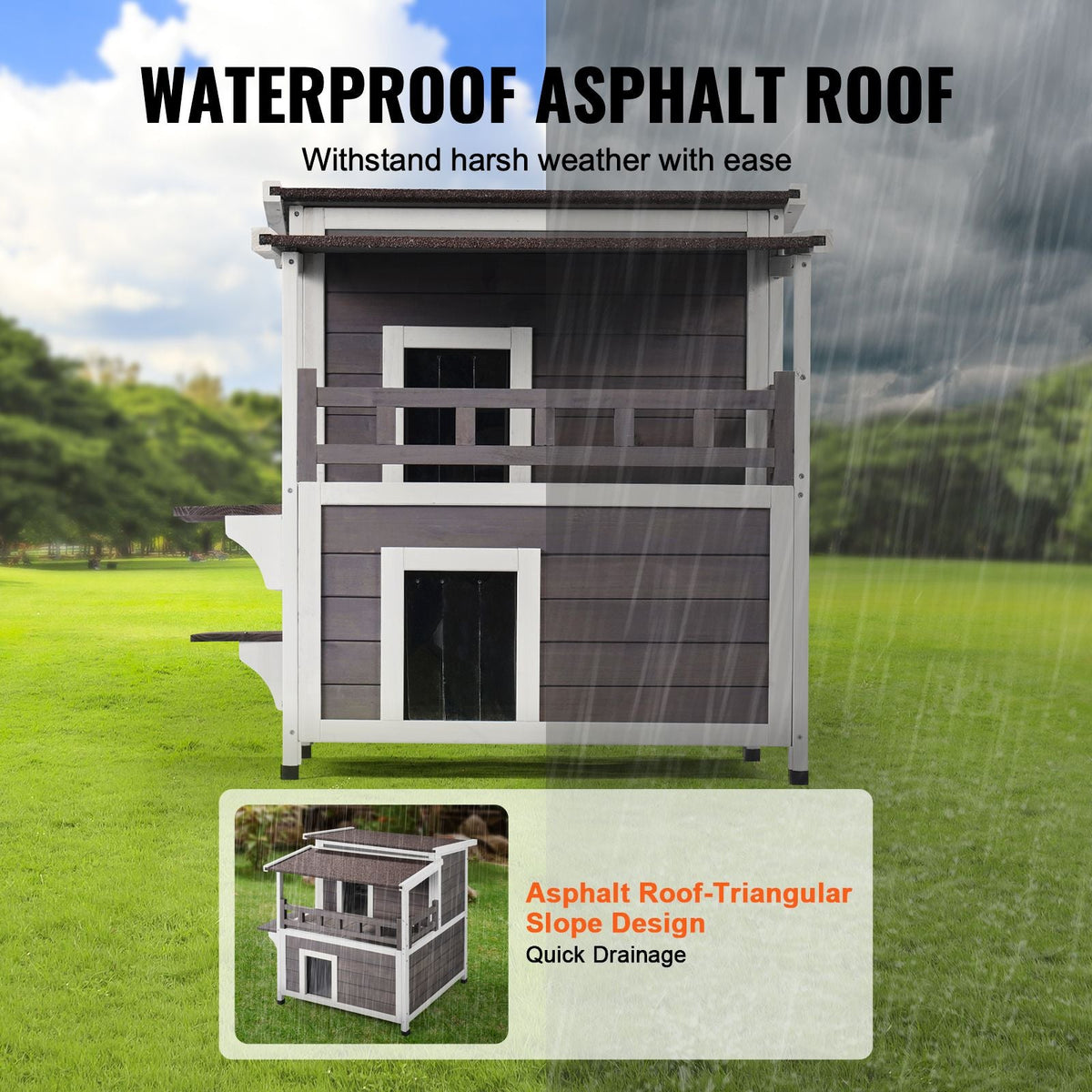Outdoor Cat House Weatherproof, Feral Cat Shelter for Multiple Cats, 2-story Large Outdoor Wooden Cat House with Balcony, Doors, PVC Door Flaps and Open Roof, 30"L x 30"W x 32"H