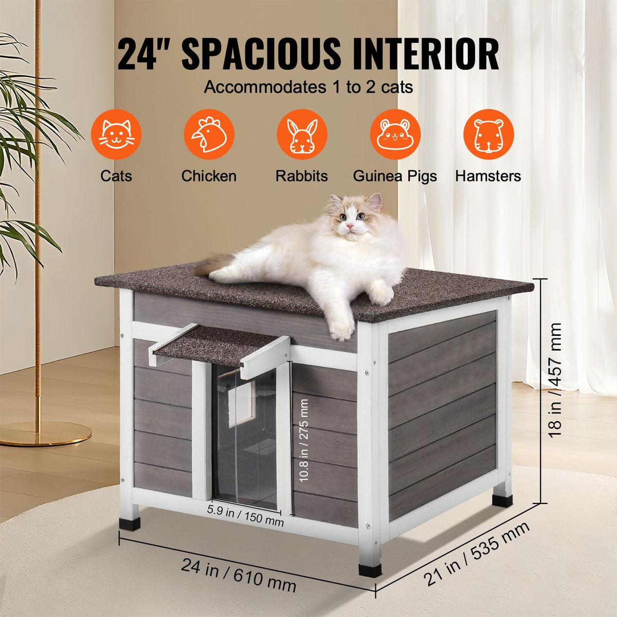 Outdoor Cat House Weatherproof, Feral Cat Shelter for Multiple Cats, Outdoor Wooden Cat Rabbit House with a Window, Open Roof and PVC Door Flaps, 24"L x 21"W x 18"H