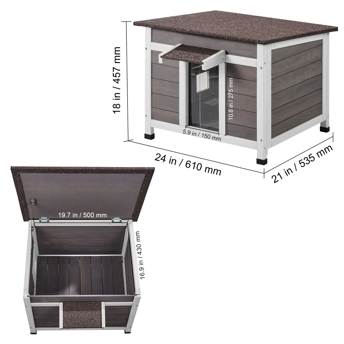 Outdoor Cat House Weatherproof, Feral Cat Shelter for Multiple Cats, Outdoor Wooden Cat Rabbit House with a Window, Open Roof and PVC Door Flaps, 24"L x 21"W x 18"H
