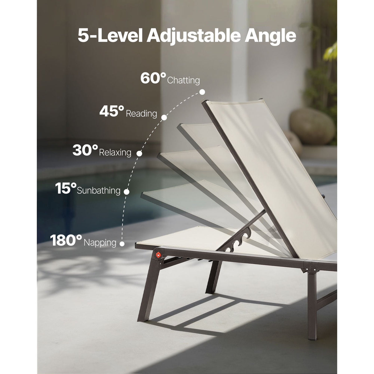 Outdoor Chaise Lounge Chair, 400 lbs Weight Capacity, Foldable Sun Tanning Chair, 5 Adjustable Positions, Easy Assembly, Heavy Duty Aluminum Pool Recliner Lounge Chairs, for Beach Yard Patio