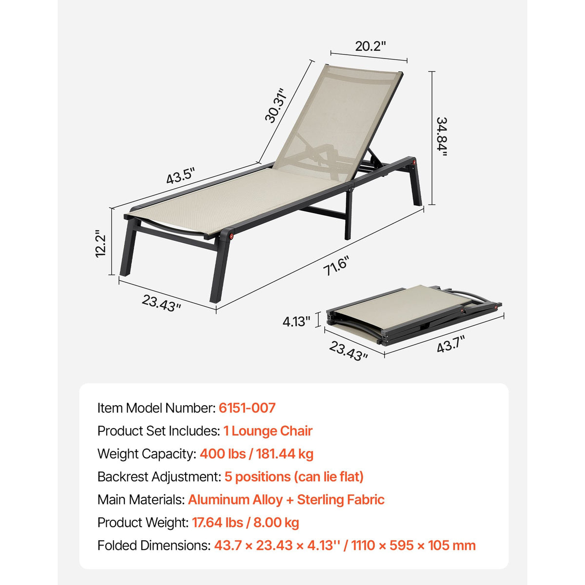 Outdoor Chaise Lounge Chair, 400 lbs Weight Capacity, Foldable Sun Tanning Chair, 5 Adjustable Positions, Easy Assembly, Heavy Duty Aluminum Pool Recliner Lounge Chairs, for Beach Yard Patio