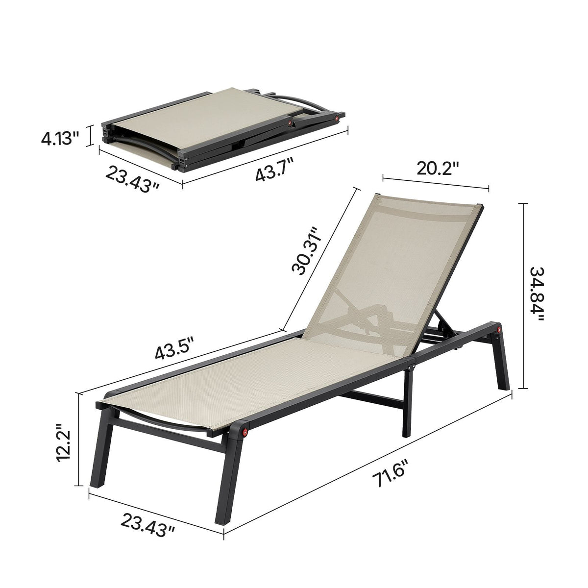 Outdoor Chaise Lounge Chair, 400 lbs Weight Capacity, Foldable Sun Tanning Chair, 5 Adjustable Positions, Easy Assembly, Heavy Duty Aluminum Pool Recliner Lounge Chairs, for Beach Yard Patio