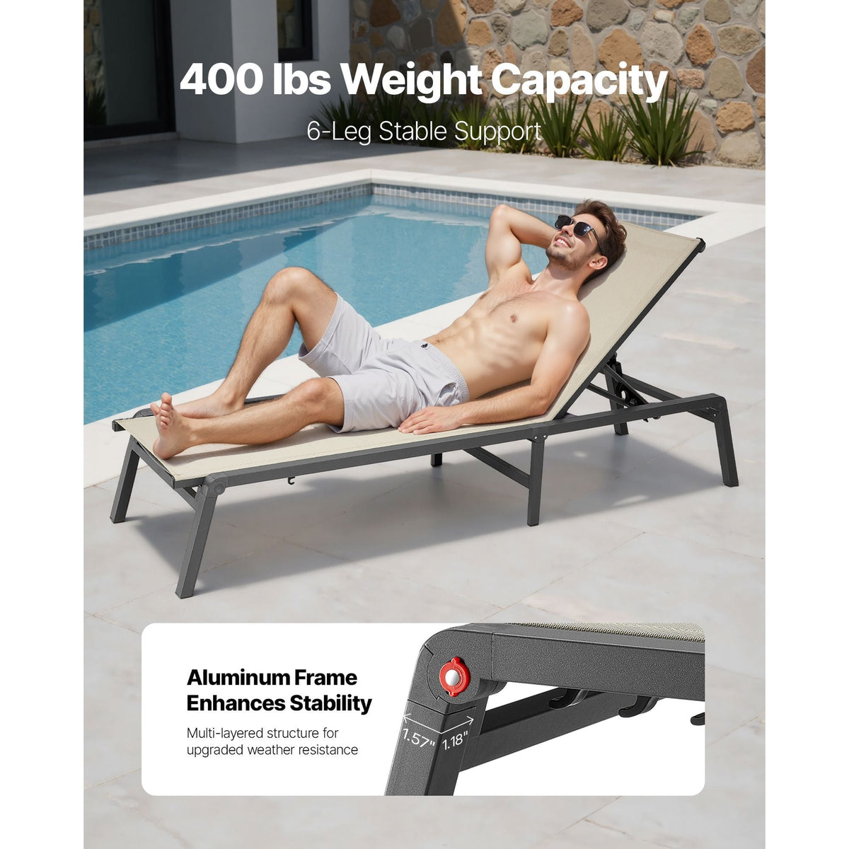 Outdoor Chaise Lounge Chair Set of 2, 400 lbs Weight Capacity, Foldable Sun Tanning Chair, 5 Adjustable Positions, Easy Assembly, Aluminum Pool Recliner Lounge Chairs, for Beach Yard Patio
