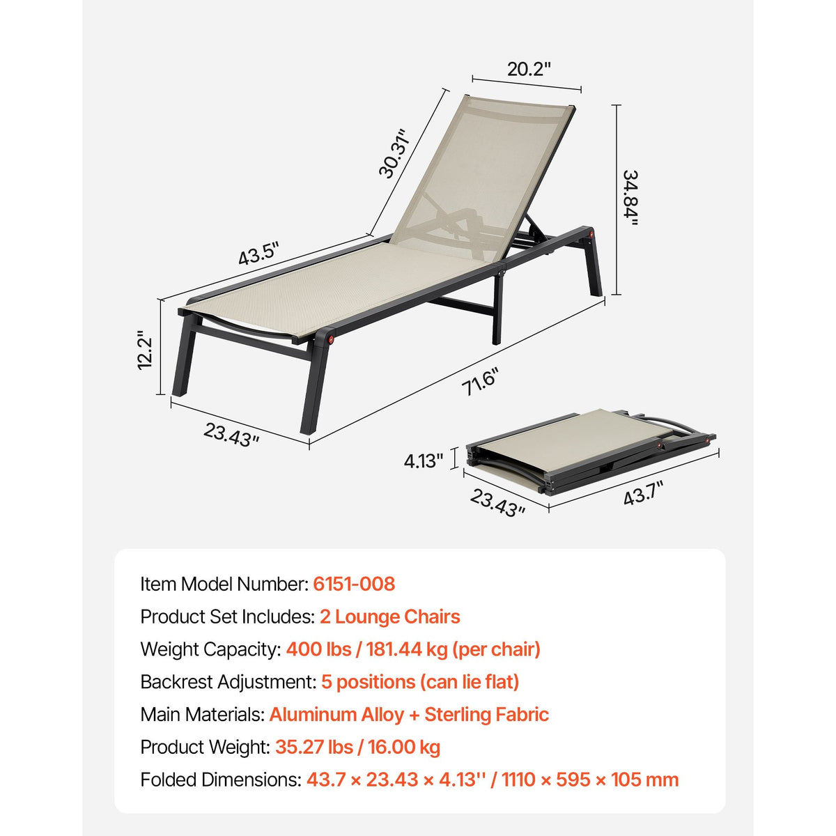 Outdoor Chaise Lounge Chair Set of 2, 400 lbs Weight Capacity, Foldable Sun Tanning Chair, 5 Adjustable Positions, Easy Assembly, Aluminum Pool Recliner Lounge Chairs, for Beach Yard Patio