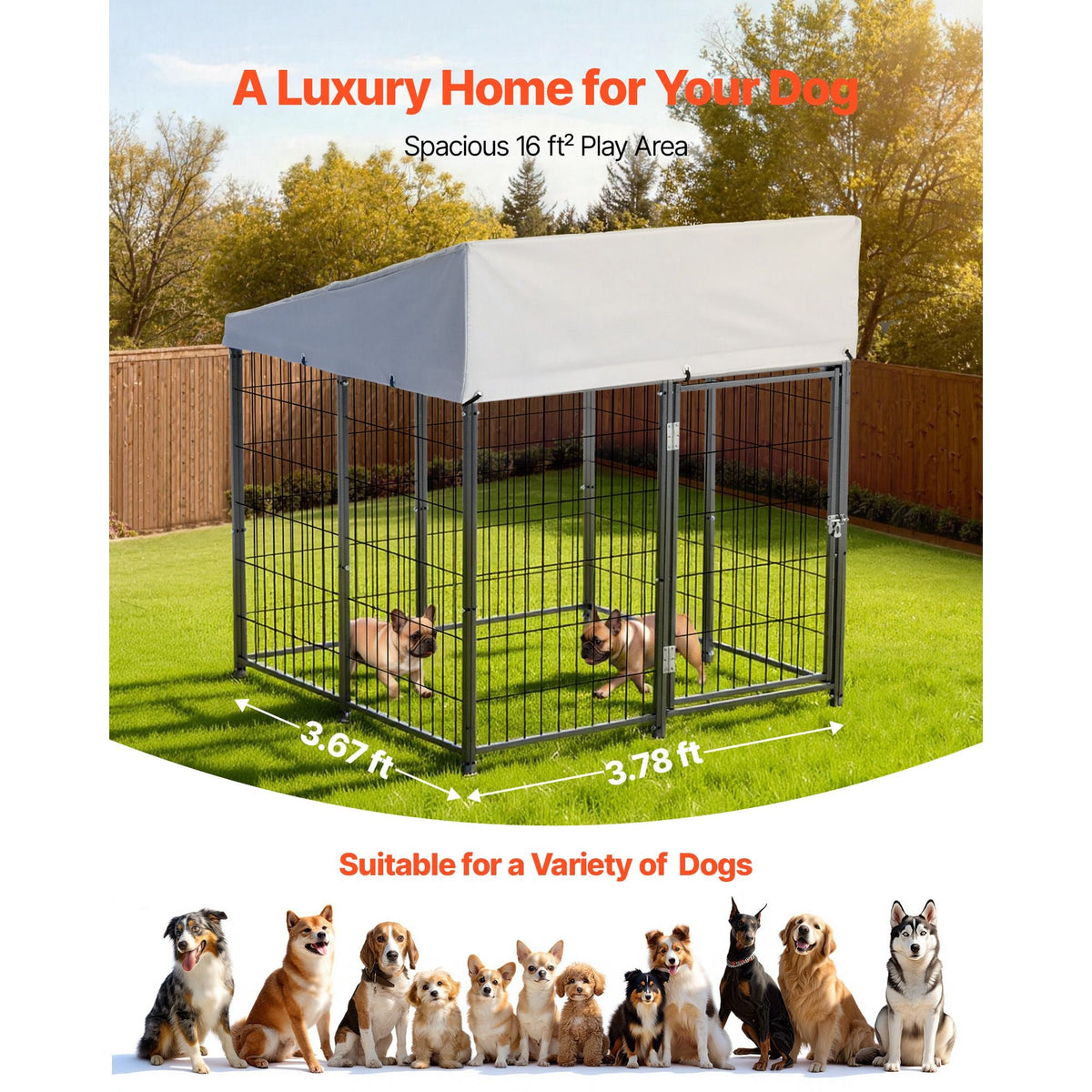 Outdoor Dog Kennel, 3.67 x 3.78 x 4.1 ft Large Dog Kennel with Secure Lock, Outside Dogs Enclosures with UV-Resistant & Waterproof Roof Cover, Heavy Duty Pet Crate Cage Run for Large Dogs