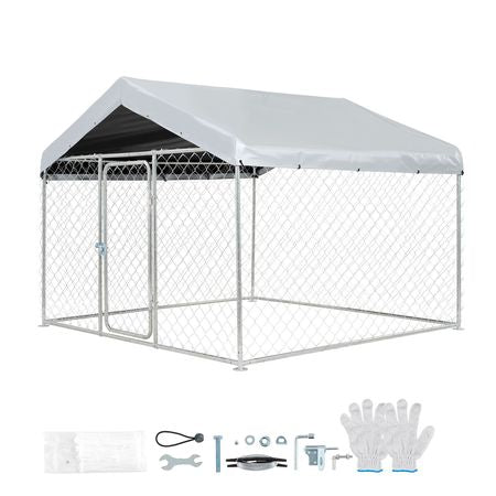 Outdoor Dog Kennel, 6.56 x 6.56 x 5.25 ft Large Dog Kennel with Secure Lock, Outside Dogs Enclosures with UV-Resistant & Waterproof Roof Cover, Heavy Duty Pet Crate Cage Run for Large Dogs