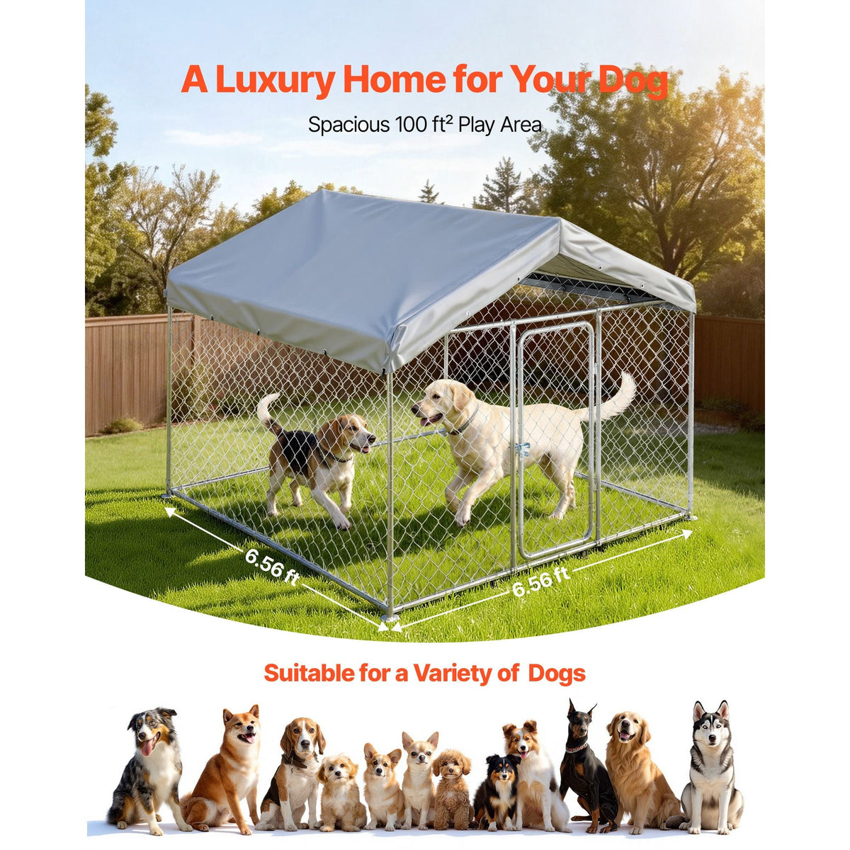 Outdoor Dog Kennel, 6.56 x 6.56 x 5.25 ft Large Dog Kennel with Secure Lock, Outside Dogs Enclosures with UV-Resistant & Waterproof Roof Cover, Heavy Duty Pet Crate Cage Run for Large Dogs