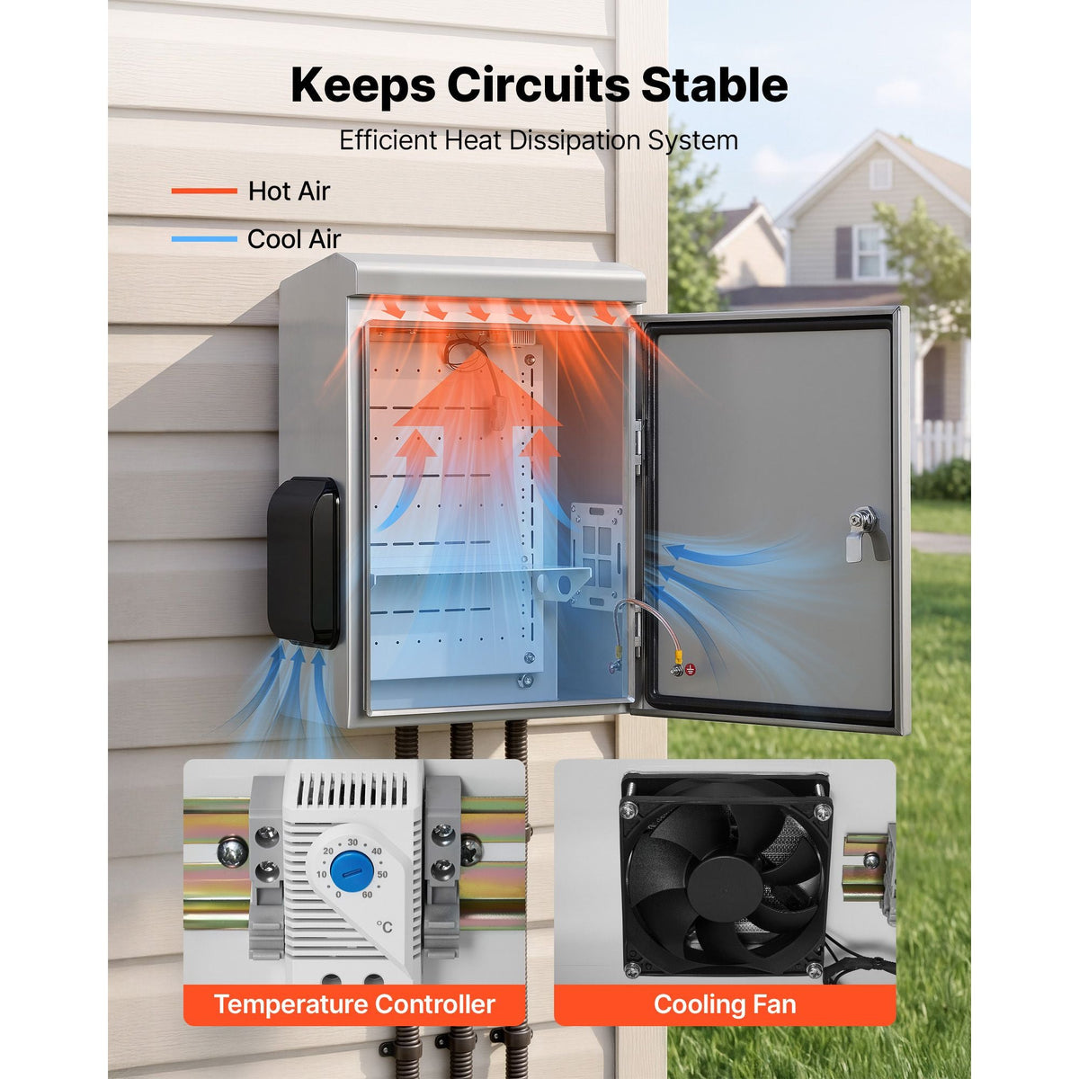 Outdoor Electrical Box, 20 x 16 x 8 in, Stainless Steel Ventilated Electrical Enclosure with Thermostat and Fan, Rain Hood, Hinge Connection, IP65 Waterproof Junction Box, Wall/Pole Mounted,