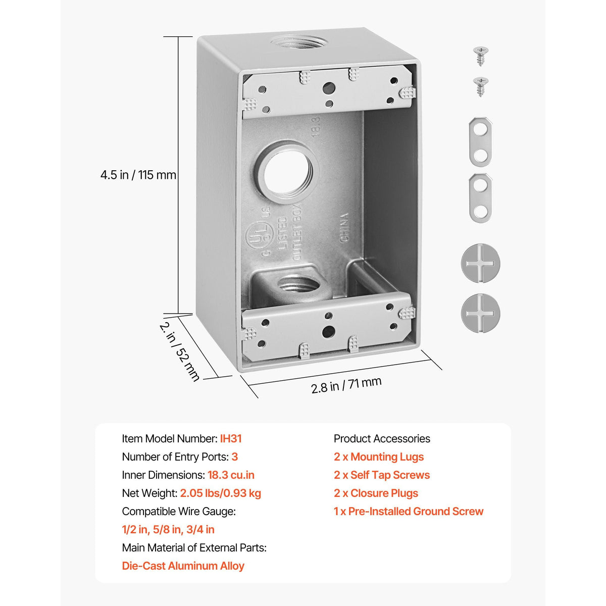 Outdoor Electrical Box, 4.5 x 2.8 x 2 in, Weatherproof Outlet Junction Box, Suitable 1/2-Inch or 3/4-Inch Electrical Conduit, 18.3 Cu.In Large Capacity Plug Receptacle Protector, 4PCS, Gray