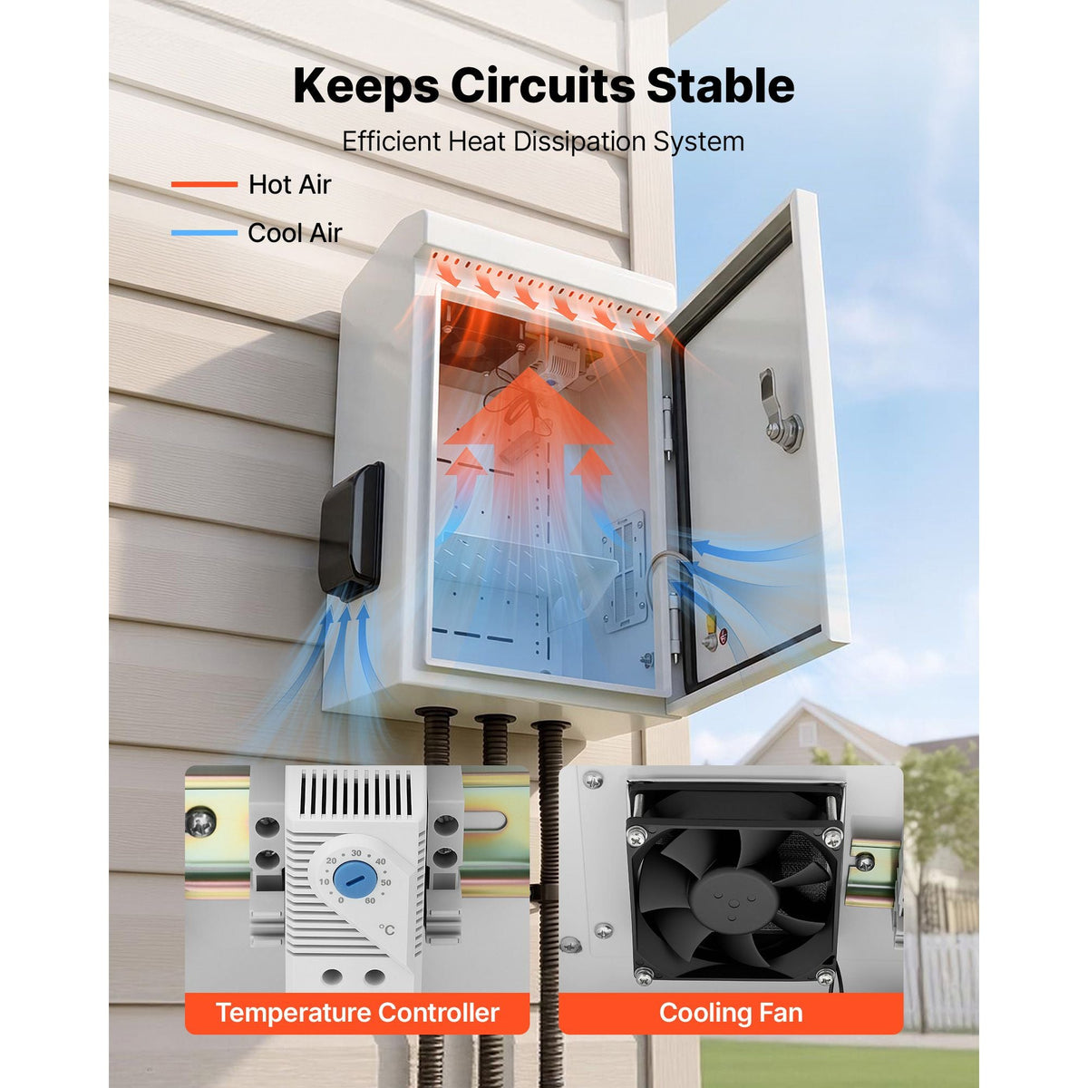 Outdoor Electrical Box, Cold-Rolled Steel, Electrical Junction Box with Thermostat and Fan, Rain Hood, Ventilated Design, IP65 Waterproof Hinged Enclosure, Wall/Pole Mounted, 16 x 12 x 8 in