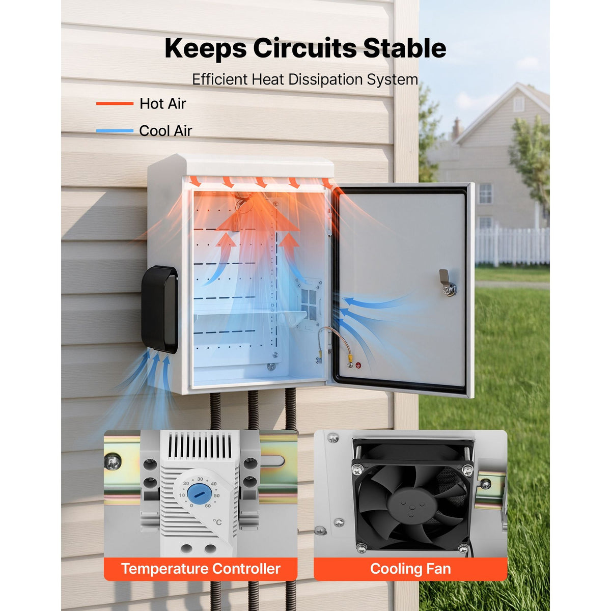 Outdoor Electrical Box, Cold-Rolled Steel, Electrical Junction Box with Thermostat and Fan, Rain Hood, Ventilated Design, IP65 Waterproof Hinged Enclosure, Wall/Pole Mounted, 20 x 16 x 8 in