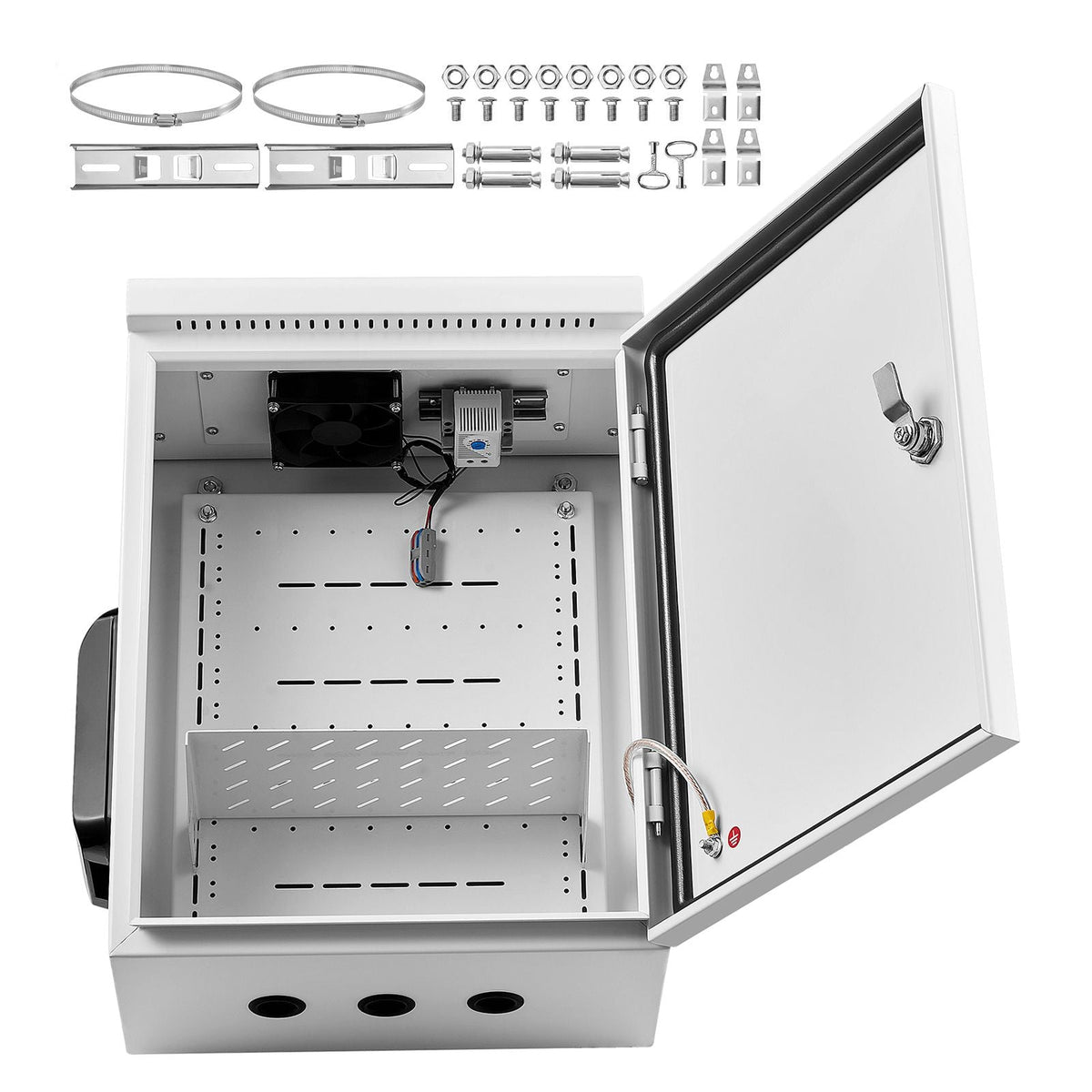 Outdoor Electrical Box, Cold-Rolled Steel, Electrical Junction Box with Thermostat and Fan, Rain Hood, Ventilated Design, IP65 Waterproof Hinged Enclosure, Wall/Pole Mounted, 20 x 16 x 8 in