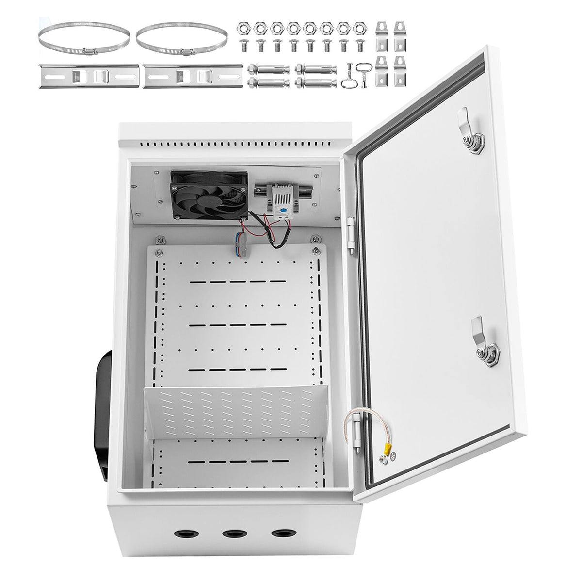 Outdoor Electrical Box, Cold-Rolled Steel, Electrical Junction Box with Thermostat and Fan, Rain Hood, Ventilated Design, IP65 Waterproof Hinged Enclosure, Wall/Pole Mounted, 24 x 16 x 12 in