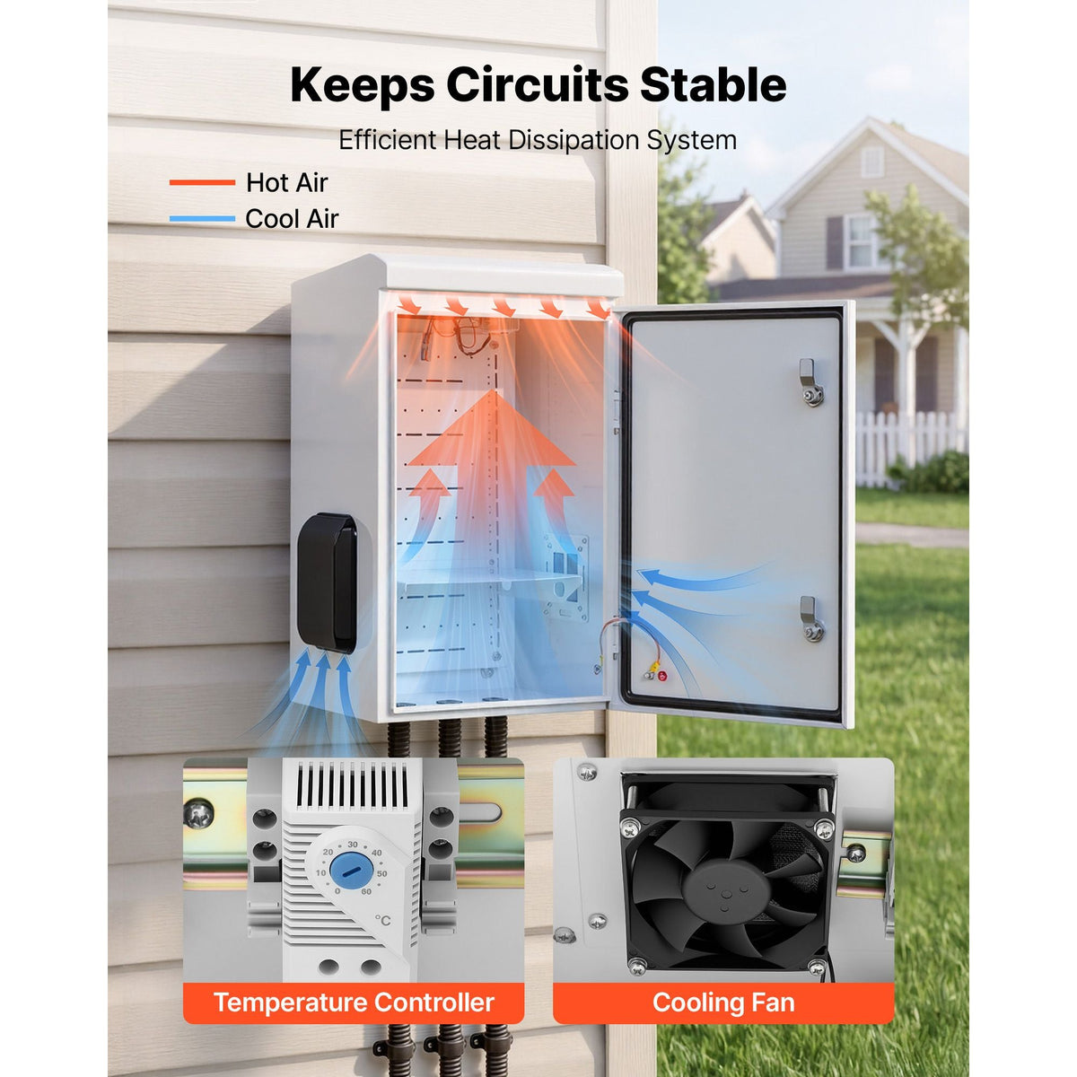 Outdoor Electrical Box, Cold-Rolled Steel, Electrical Junction Box with Thermostat and Fan, Rain Hood, Ventilated Design, IP65 Waterproof Hinged Enclosure, Wall/Pole Mounted, 24 x 16 x 12 in