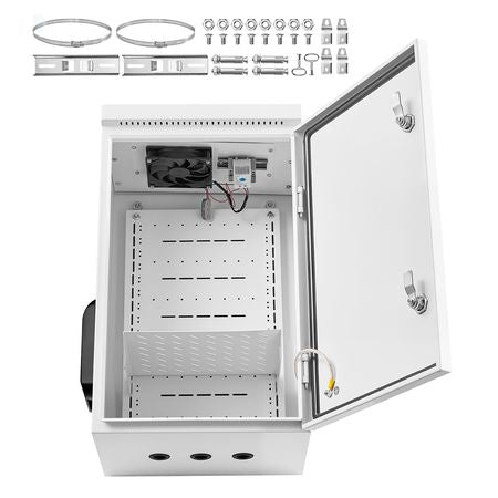Outdoor Electrical Box, Cold-Rolled Steel, Electrical Junction Box with Thermostat and Fan, Rain Hood, Ventilated Design, IP65 Waterproof Hinged Enclosure, Wall/Pole Mounted, 24 x 16 x 12 in