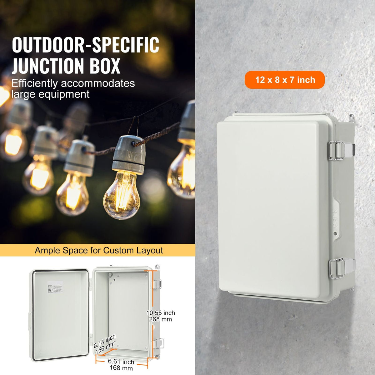 Outdoor Electrical Junction Box, 11.81 x 7.87 x 7.08 in, ABS Plastic Electrical Enclosure Box with Hinged Cover Stainless Steel Latch, IP67 Dustproof Waterproof for Outdoor Electrical Projects