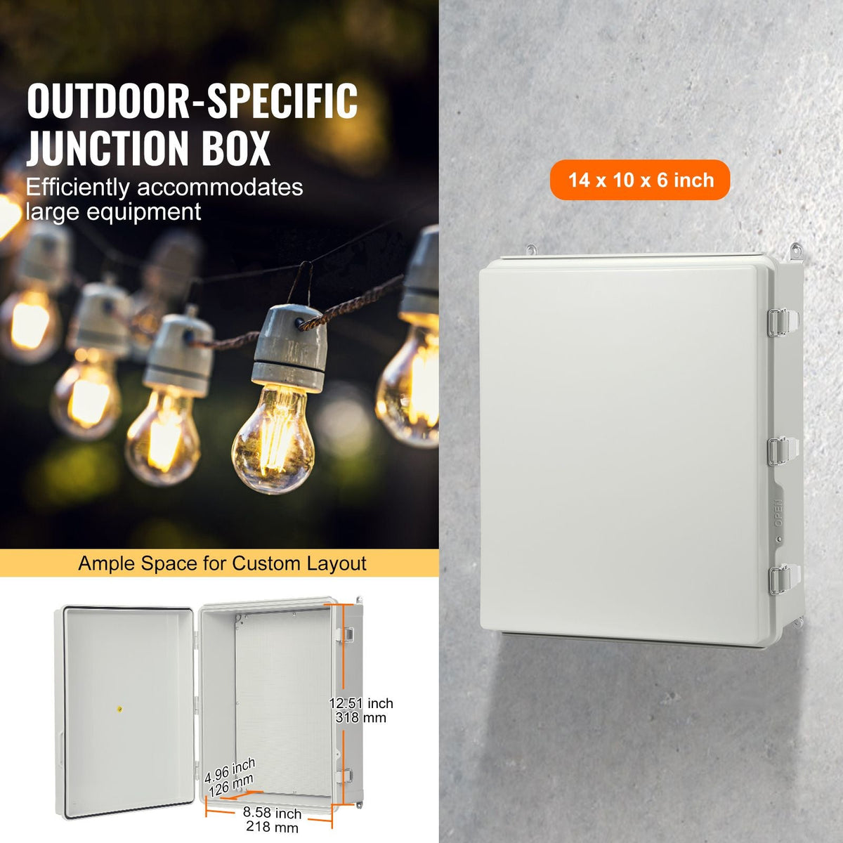 Outdoor Electrical Junction Box, 13.78 x 9.84 x 5.90 in, ABS Plastic Electrical Enclosure Box with Hinged Cover Stainless Steel Latch, IP67 Dustproof Waterproof for Outdoor Electrical Projects