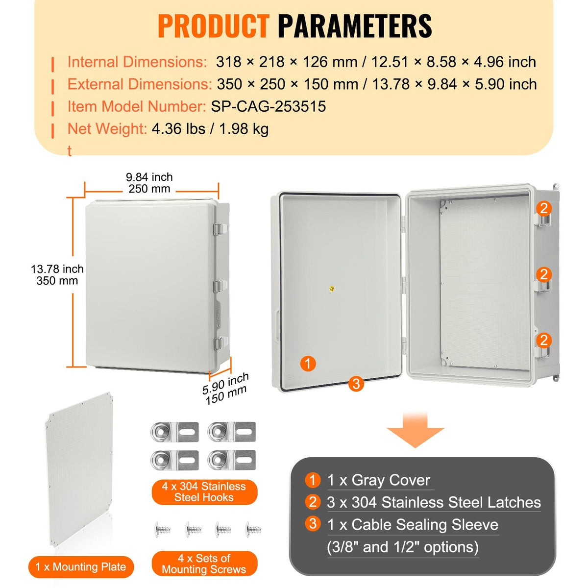 Outdoor Electrical Junction Box, 13.78 x 9.84 x 5.90 in, ABS Plastic Electrical Enclosure Box with Hinged Cover Stainless Steel Latch, IP67 Dustproof Waterproof for Outdoor Electrical Projects
