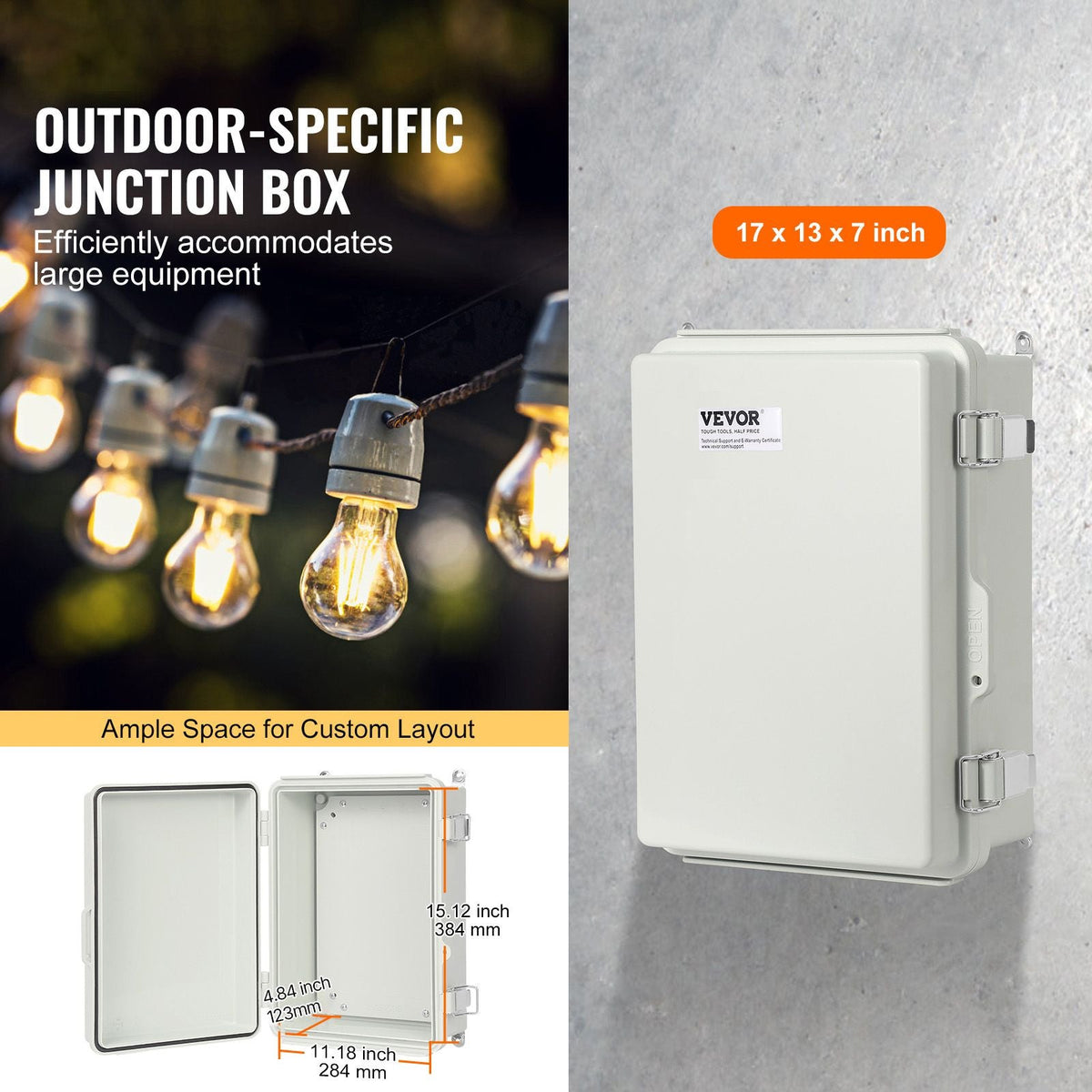 Outdoor Electrical Junction Box, 16.93 x 12.99 x 7.09 in, ABS Plastic Electrical Enclosure Box with Hinged Cover Stainless Steel Latch, IP67 Dustproof Waterproof for Outdoor Electrical Projects