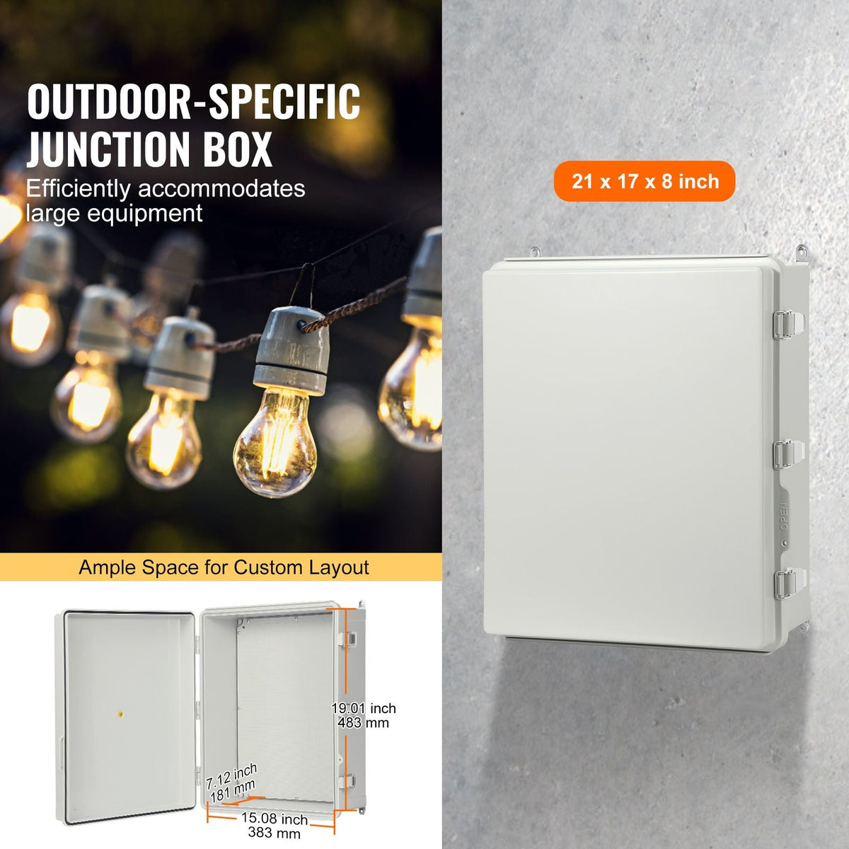 Outdoor Electrical Junction Box, 20.87 x 16.92 x 7.87 in, ABS Plastic Electrical Enclosure Box with Hinged Cover Stainless Steel Latch, IP67 Dustproof Waterproof for Outdoor Electrical Projects