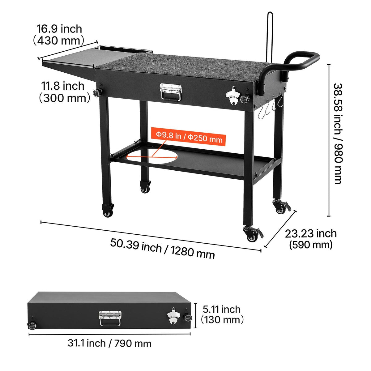 Outdoor Grill Cart, 31.0 x 17.0 inch Tabletop Size Grilling Table, Foldable Outdoor Cooking Table with Tissue Holder, Hooks, Wheels, Side Table, BBQ Prep Tables for Picnic, Kitchen, Courtyard