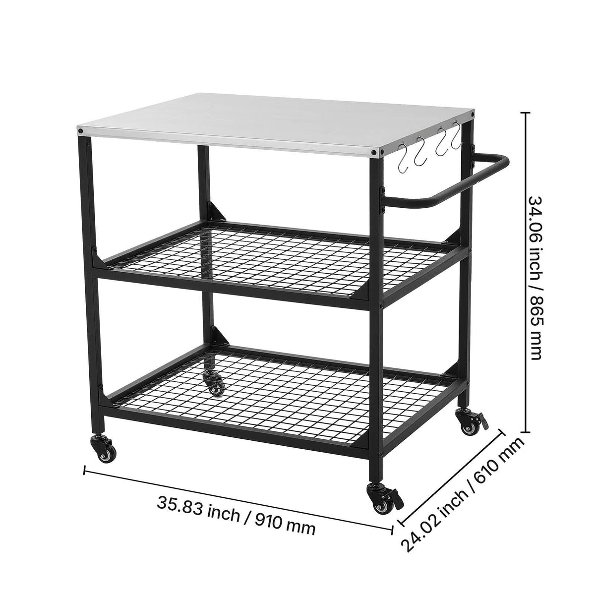 Outdoor Grill Cart, 31.5 x 24.0 inch Stainless Steel Tabletop Size Grilling Table, Outdoor Cooking Table with 4 Wheels & Side Handle, Two Mesh Shelves, BBQ Prep Tables for Patio, Garden