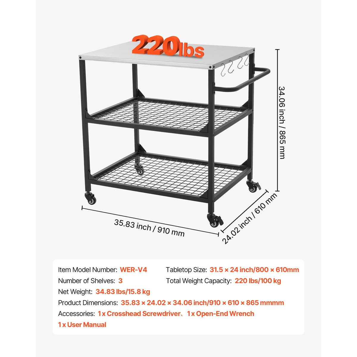 Outdoor Grill Cart, 31.5 x 24.0 inch Stainless Steel Tabletop Size Grilling Table, Outdoor Cooking Table with 4 Wheels & Side Handle, Two Mesh Shelves, BBQ Prep Tables for Patio, Garden