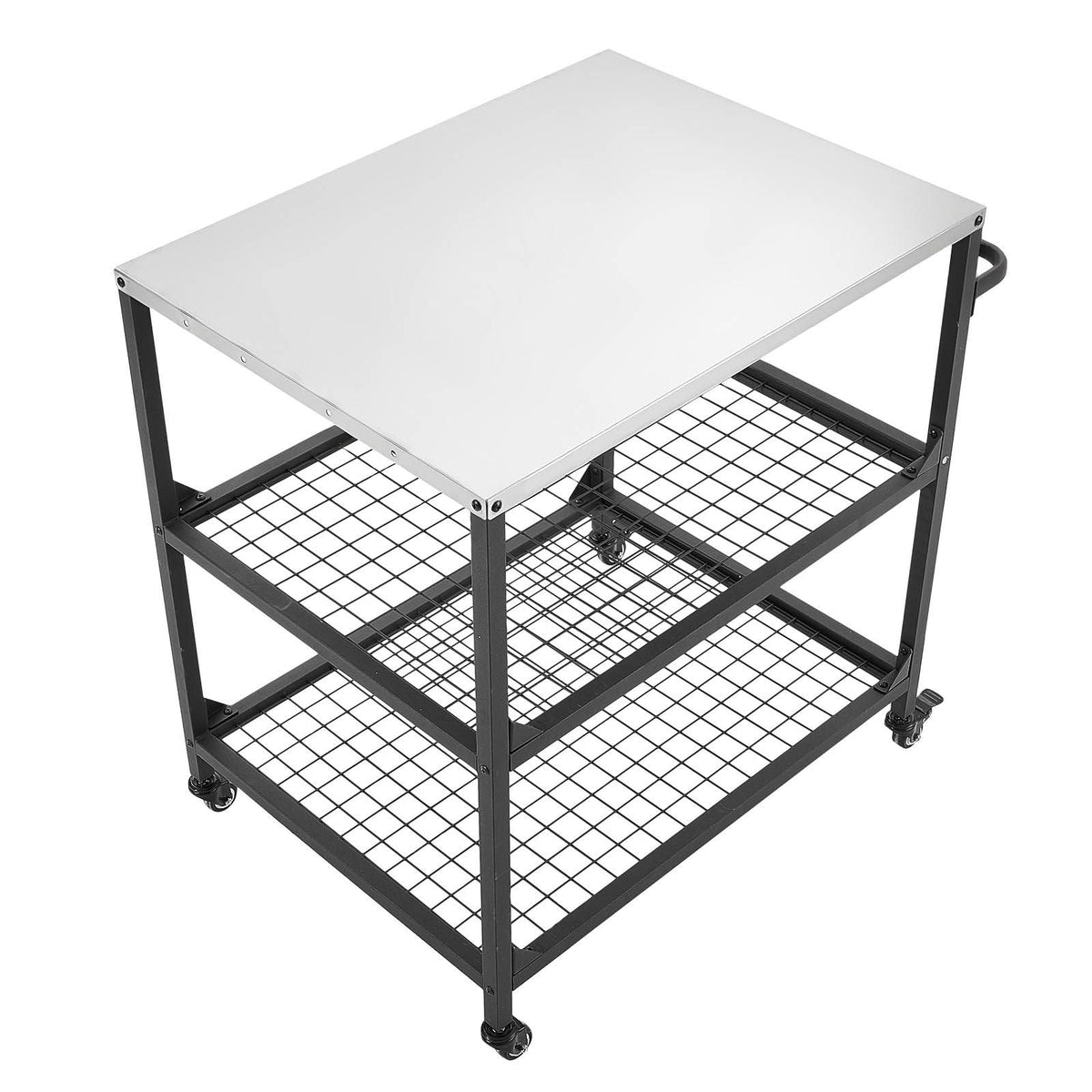 Outdoor Grill Cart, 31.5 x 24.0 inch Stainless Steel Tabletop Size Grilling Table, Outdoor Cooking Table with 4 Wheels & Side Handle, Two Mesh Shelves, BBQ Prep Tables for Patio, Garden