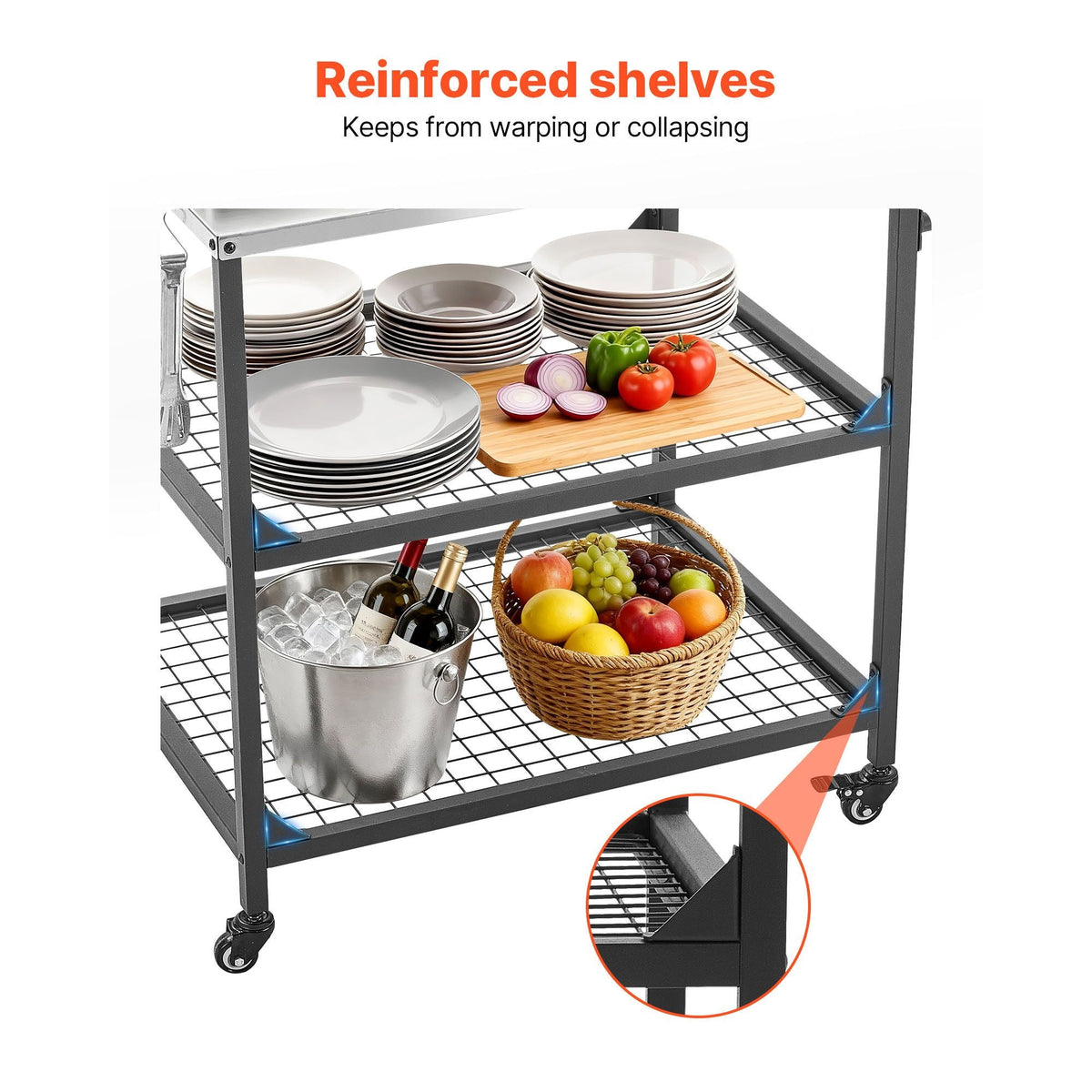 Outdoor Grill Cart, 31.5 x 24.0 inch Stainless Steel Tabletop Size Grilling Table, Outdoor Cooking Table with 4 Wheels & Side Handle, Two Mesh Shelves, BBQ Prep Tables for Patio, Garden