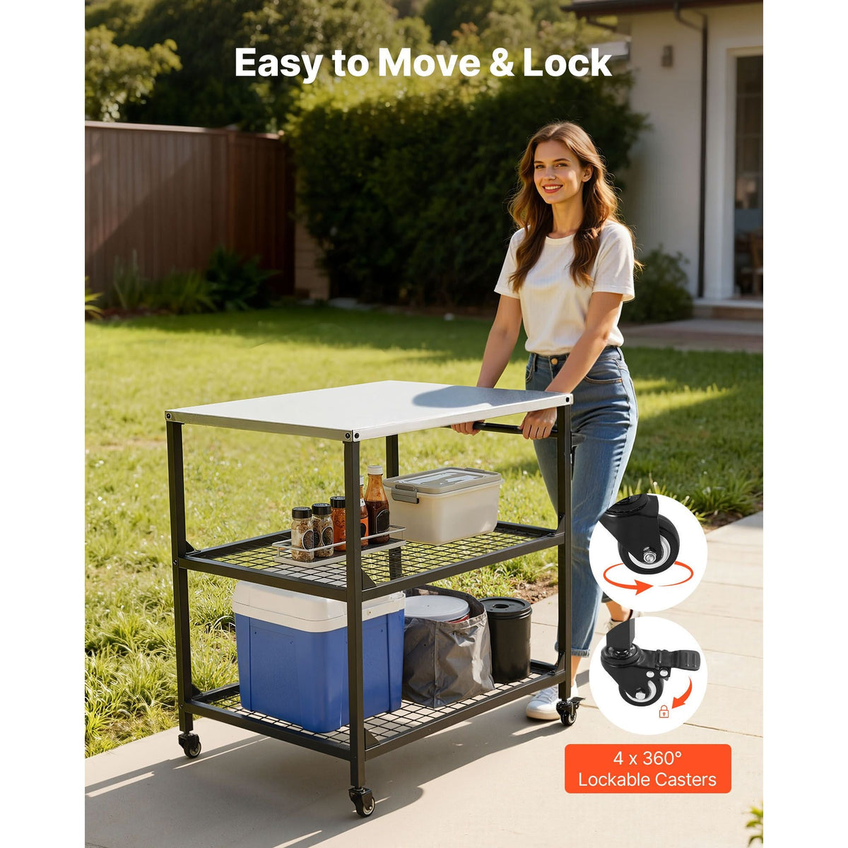 Outdoor Grill Cart, 31.5 x 24.0 inch Stainless Steel Tabletop Size Grilling Table, Outdoor Cooking Table with 4 Wheels & Side Handle, Two Mesh Shelves, BBQ Prep Tables for Patio, Garden