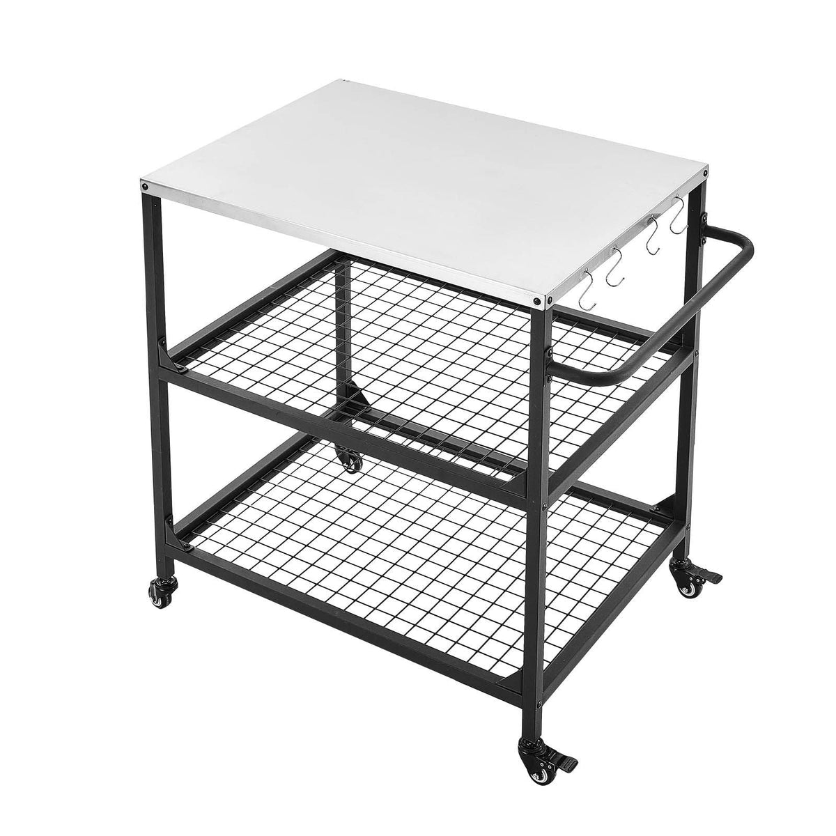 Outdoor Grill Cart, 31.5 x 24.0 inch Stainless Steel Tabletop Size Grilling Table, Outdoor Cooking Table with 4 Wheels & Side Handle, Two Mesh Shelves, BBQ Prep Tables for Patio, Garden