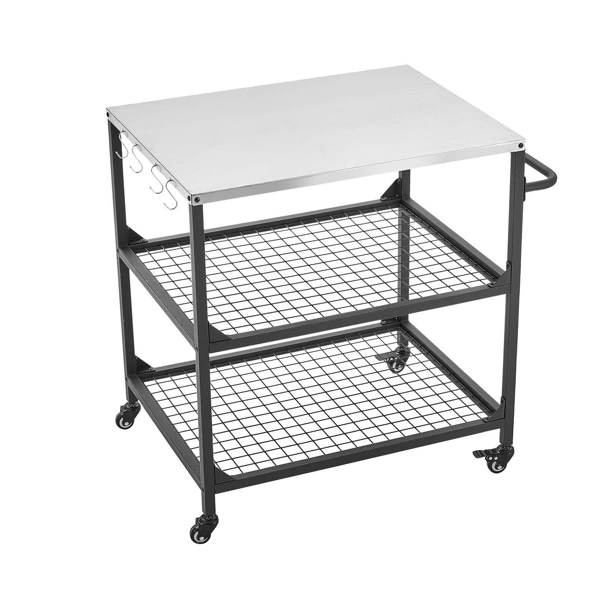 Outdoor Grill Cart, 31.5 x 24.0 inch Stainless Steel Tabletop Size Grilling Table, Outdoor Cooking Table with 4 Wheels & Side Handle, Two Mesh Shelves, BBQ Prep Tables for Patio, Garden