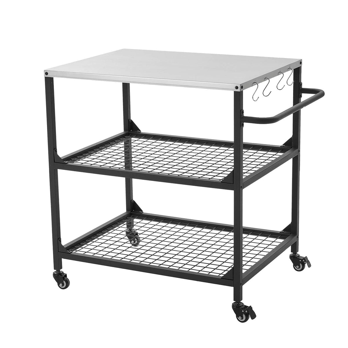 Outdoor Grill Cart, 31.5 x 24.0 inch Stainless Steel Tabletop Size Grilling Table, Outdoor Cooking Table with 4 Wheels & Side Handle, Two Mesh Shelves, BBQ Prep Tables for Patio, Garden