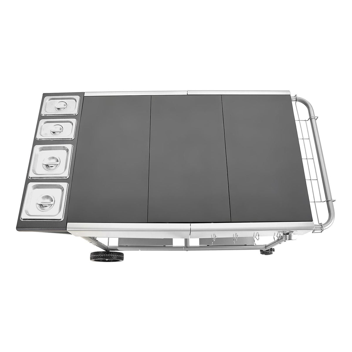 Outdoor Grill Cart, 36.4 x 23.4 x 1 inch Tabletop Size Grilling Table, Movable Outdoor Cooking Table with 4 Spice Containers, Wheels, Lids, Hooks, BBQ Prep Tables for Picnic, Kitchen, Courtyard