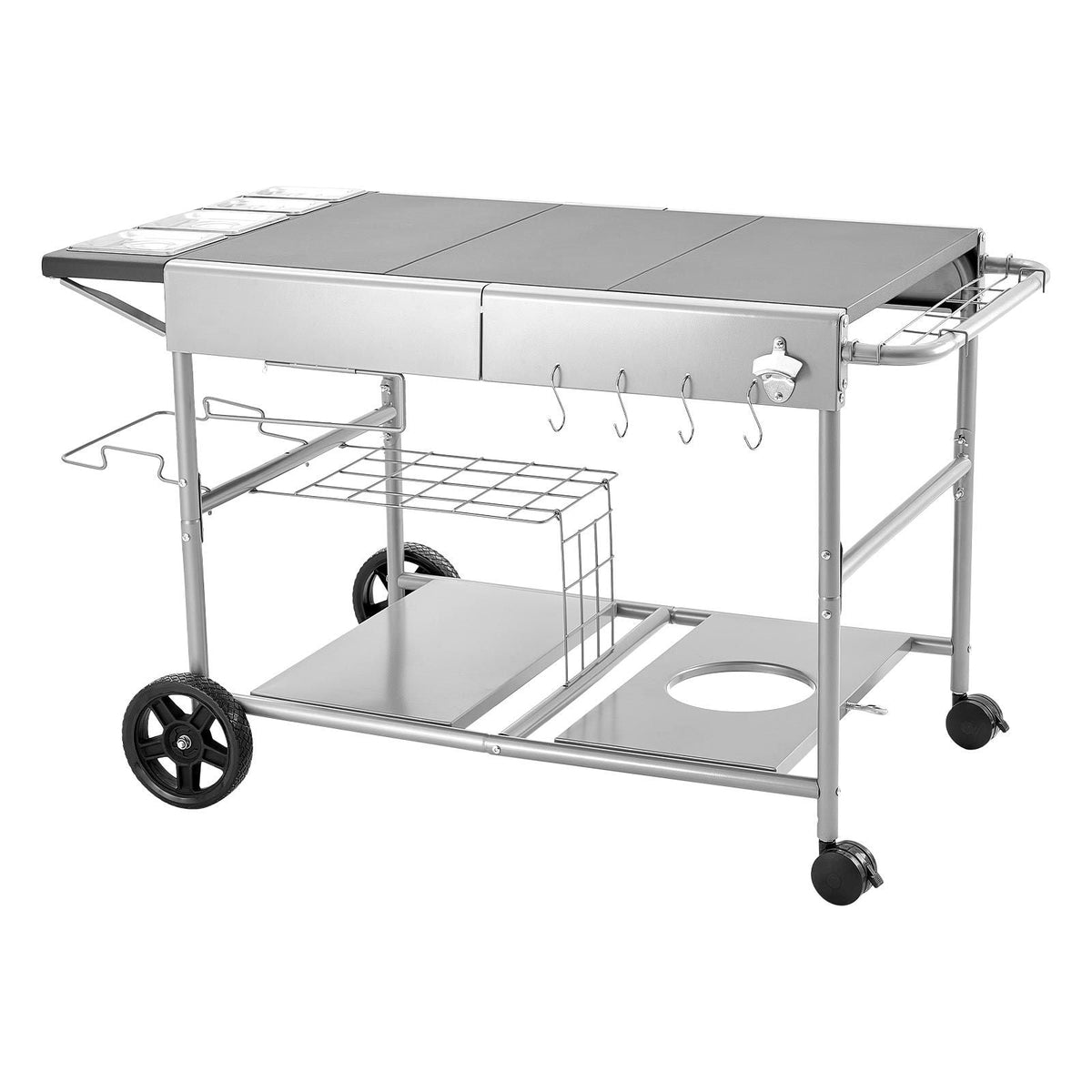 Outdoor Grill Cart, 36.4 x 23.4 x 1 inch Tabletop Size Grilling Table, Movable Outdoor Cooking Table with 4 Spice Containers, Wheels, Lids, Hooks, BBQ Prep Tables for Picnic, Kitchen, Courtyard