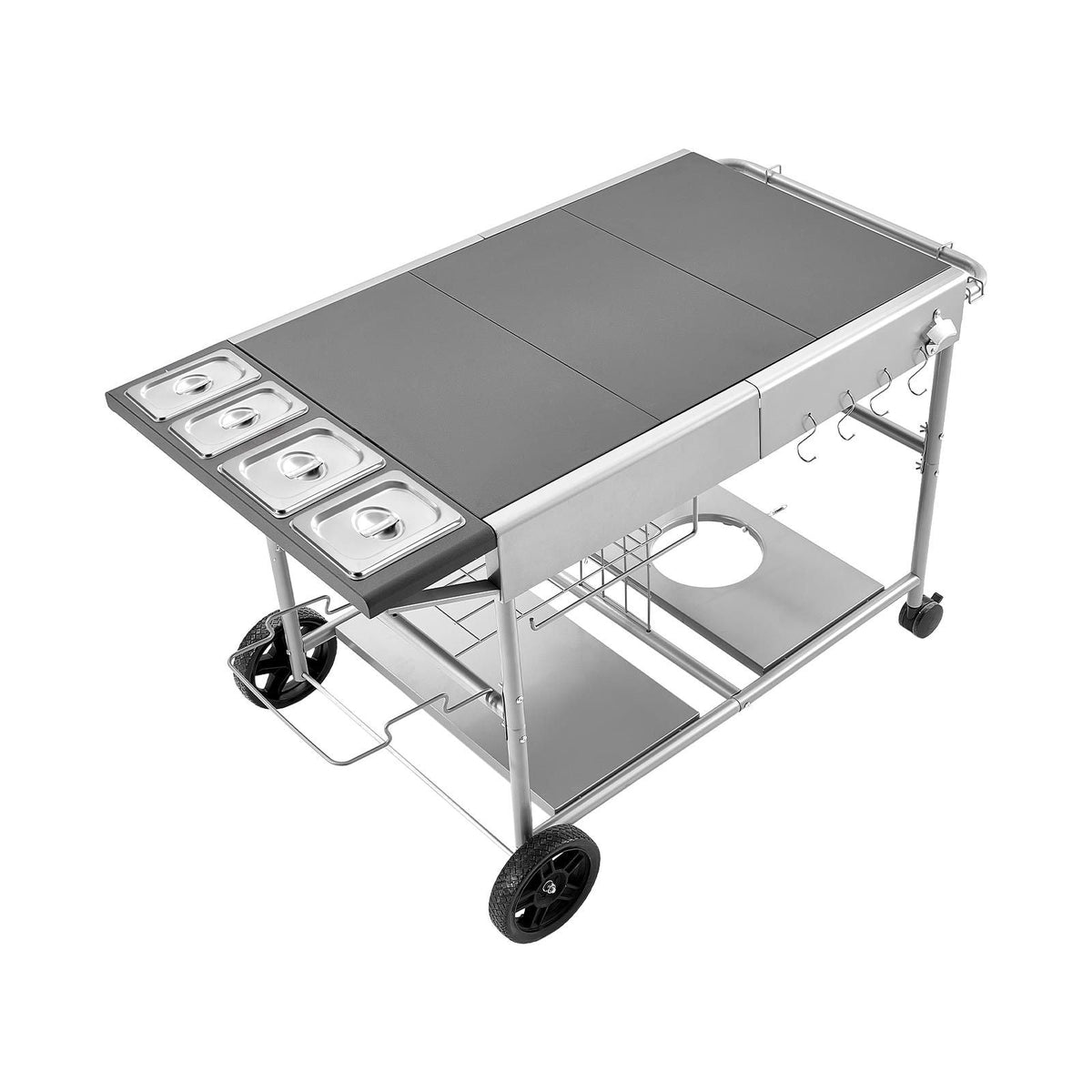 Outdoor Grill Cart, 36.4 x 23.4 x 1 inch Tabletop Size Grilling Table, Movable Outdoor Cooking Table with 4 Spice Containers, Wheels, Lids, Hooks, BBQ Prep Tables for Picnic, Kitchen, Courtyard