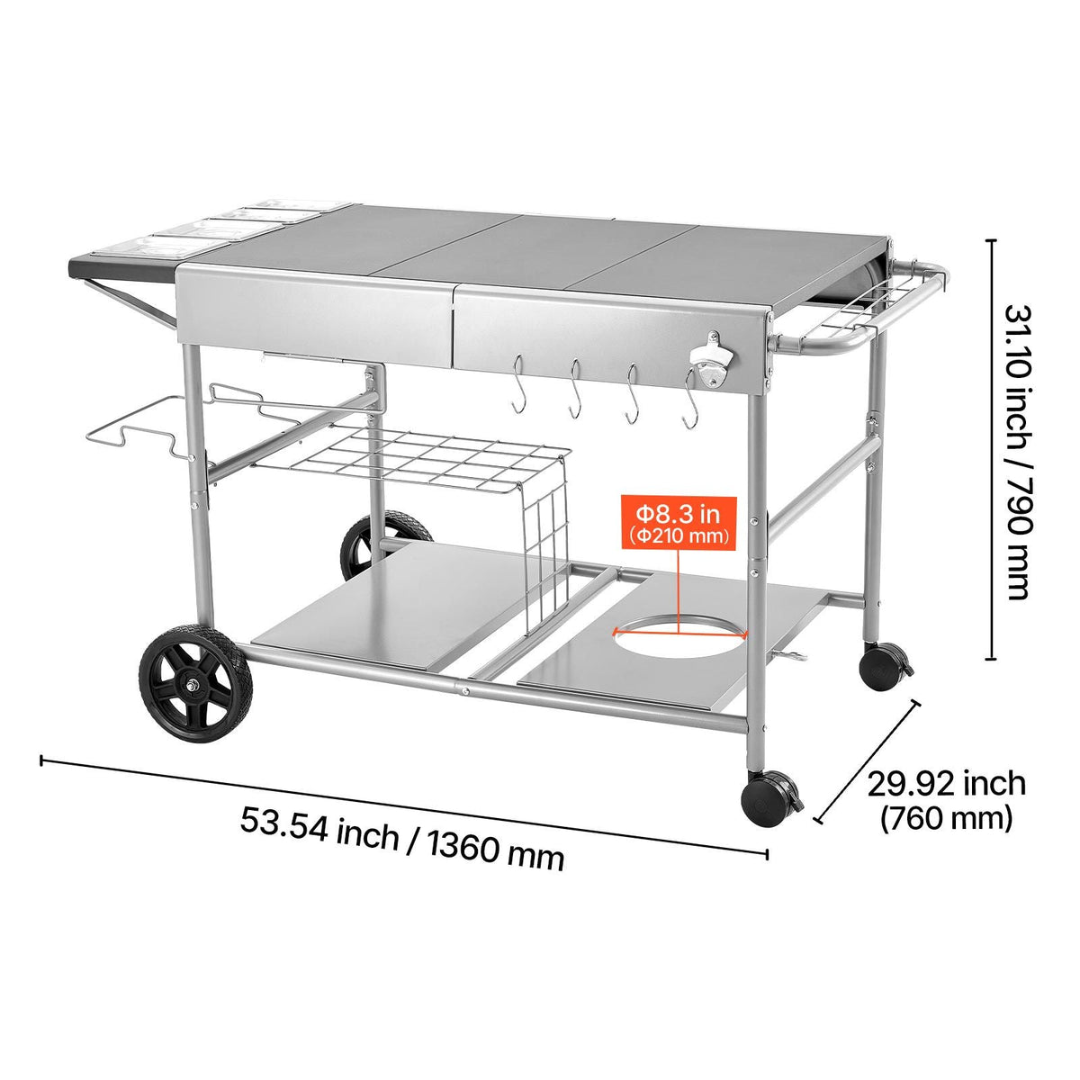 Outdoor Grill Cart, 36.4 x 23.4 x 1 inch Tabletop Size Grilling Table, Movable Outdoor Cooking Table with 4 Spice Containers, Wheels, Lids, Hooks, BBQ Prep Tables for Picnic, Kitchen, Courtyard