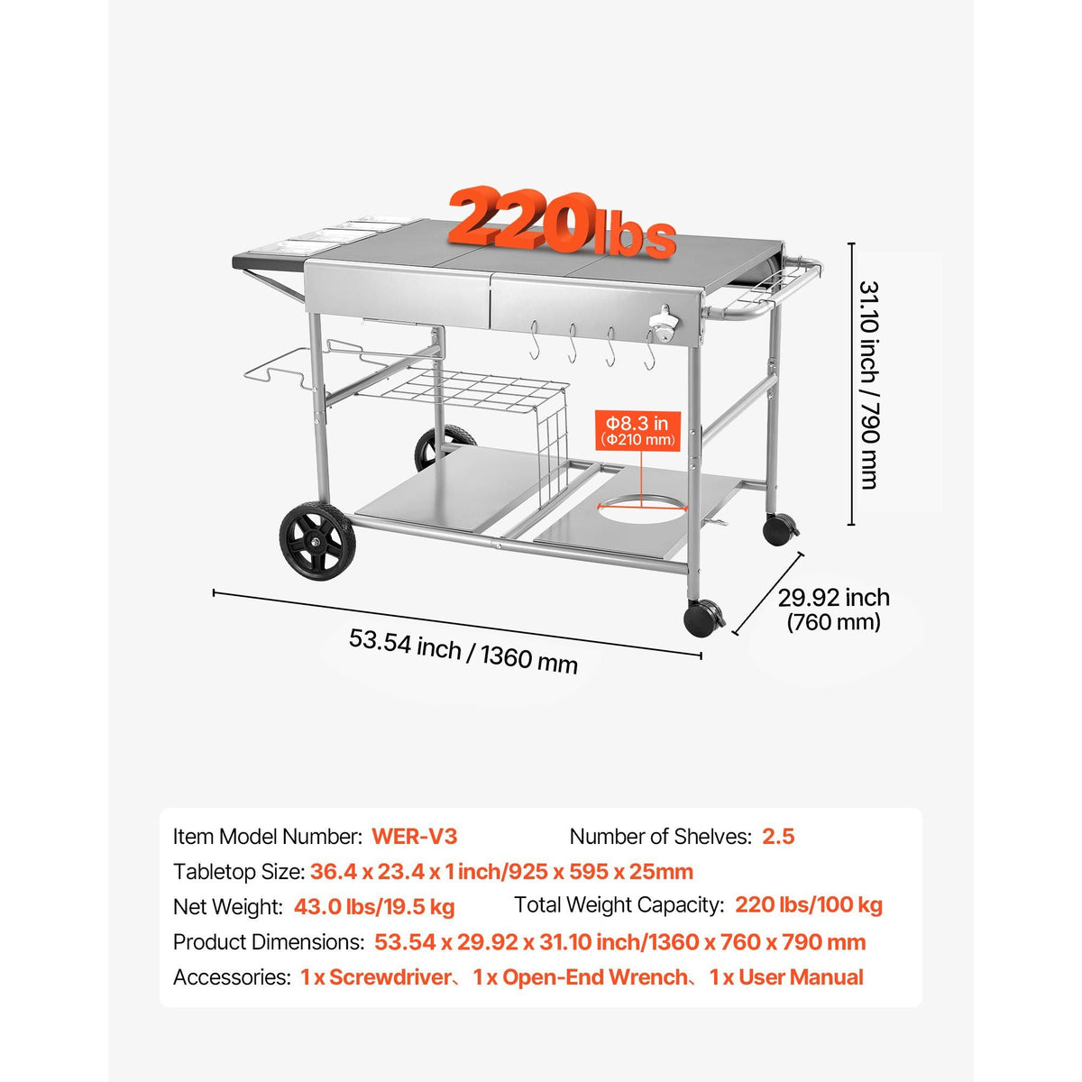 Outdoor Grill Cart, 36.4 x 23.4 x 1 inch Tabletop Size Grilling Table, Movable Outdoor Cooking Table with 4 Spice Containers, Wheels, Lids, Hooks, BBQ Prep Tables for Picnic, Kitchen, Courtyard