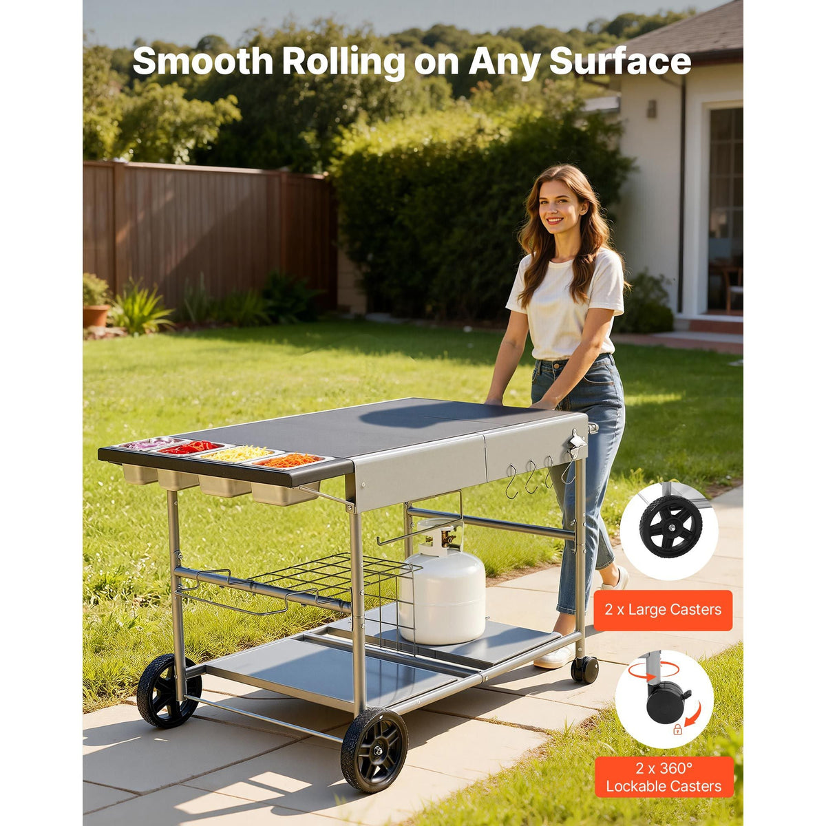 Outdoor Grill Cart, 36.4 x 23.4 x 1 inch Tabletop Size Grilling Table, Movable Outdoor Cooking Table with 4 Spice Containers, Wheels, Lids, Hooks, BBQ Prep Tables for Picnic, Kitchen, Courtyard