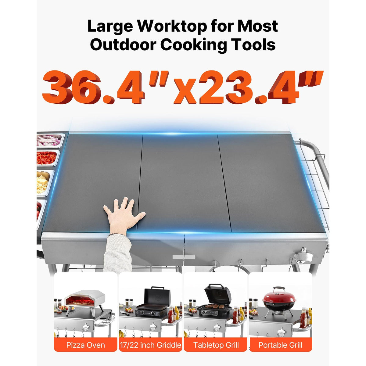 Outdoor Grill Cart, 36.4 x 23.4 x 1 inch Tabletop Size Grilling Table, Movable Outdoor Cooking Table with 4 Spice Containers, Wheels, Lids, Hooks, BBQ Prep Tables for Picnic, Kitchen, Courtyard