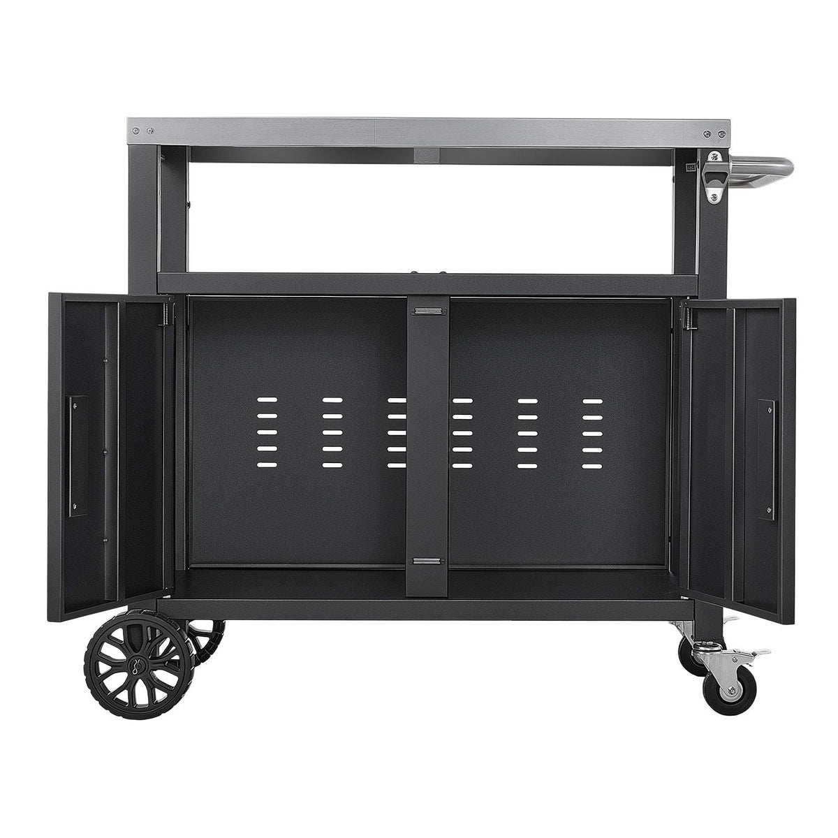Outdoor Grill Cart with Storage Cabinet, 36.4 Inch Grill Table, Waterproof Kitchen Island with Stainless Steel Top, Shelf, and Wheels, Movable Food Prep Station for Patio Bar Backyard BBQ