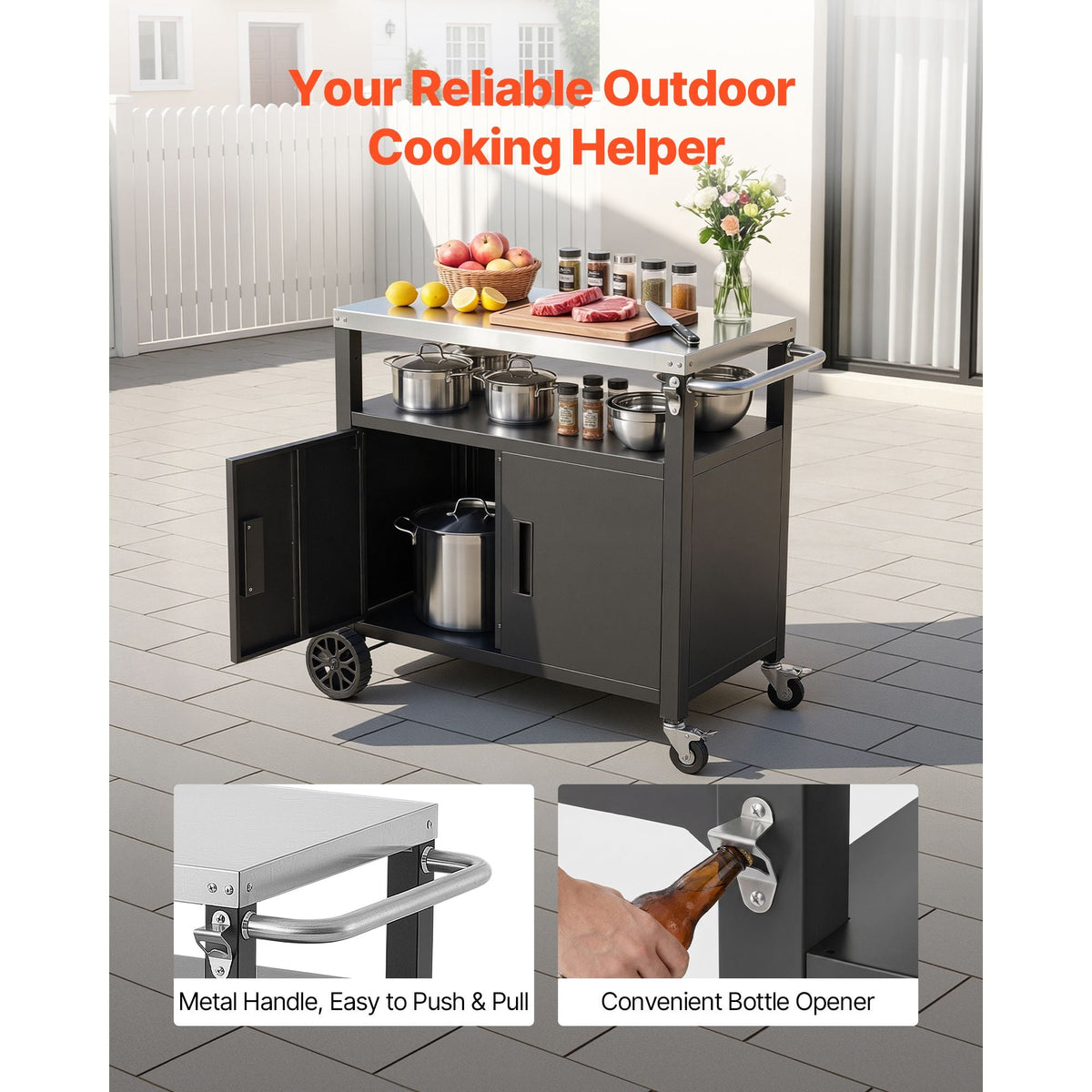 Outdoor Grill Cart with Storage Cabinet, 36.4 Inch Grill Table, Waterproof Kitchen Island with Stainless Steel Top, Shelf, and Wheels, Movable Food Prep Station for Patio Bar Backyard BBQ