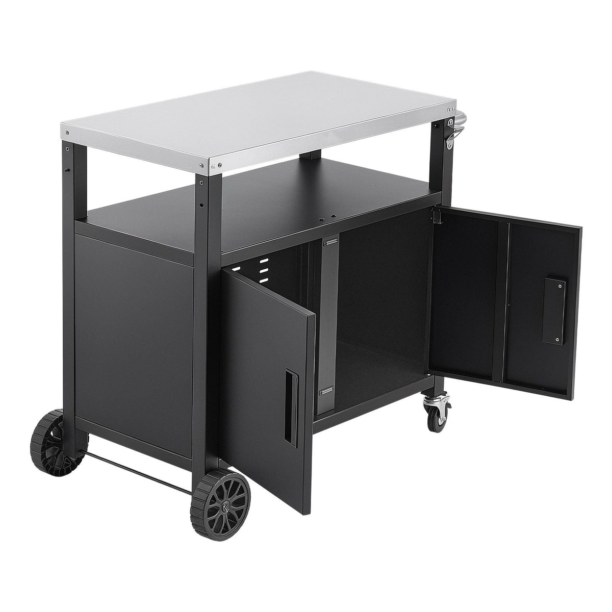 Outdoor Grill Cart with Storage Cabinet, 36.4 Inch Grill Table, Waterproof Kitchen Island with Stainless Steel Top, Shelf, and Wheels, Movable Food Prep Station for Patio Bar Backyard BBQ