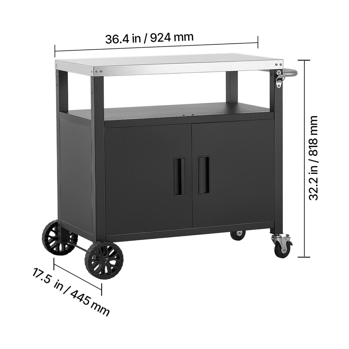 Outdoor Grill Cart with Storage Cabinet, 36.4 Inch Grill Table, Waterproof Kitchen Island with Stainless Steel Top, Shelf, and Wheels, Movable Food Prep Station for Patio Bar Backyard BBQ