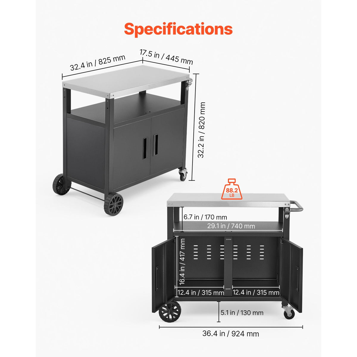 Outdoor Grill Cart with Storage Cabinet, 36.4 Inch Grill Table, Waterproof Kitchen Island with Stainless Steel Top, Shelf, and Wheels, Movable Food Prep Station for Patio Bar Backyard BBQ