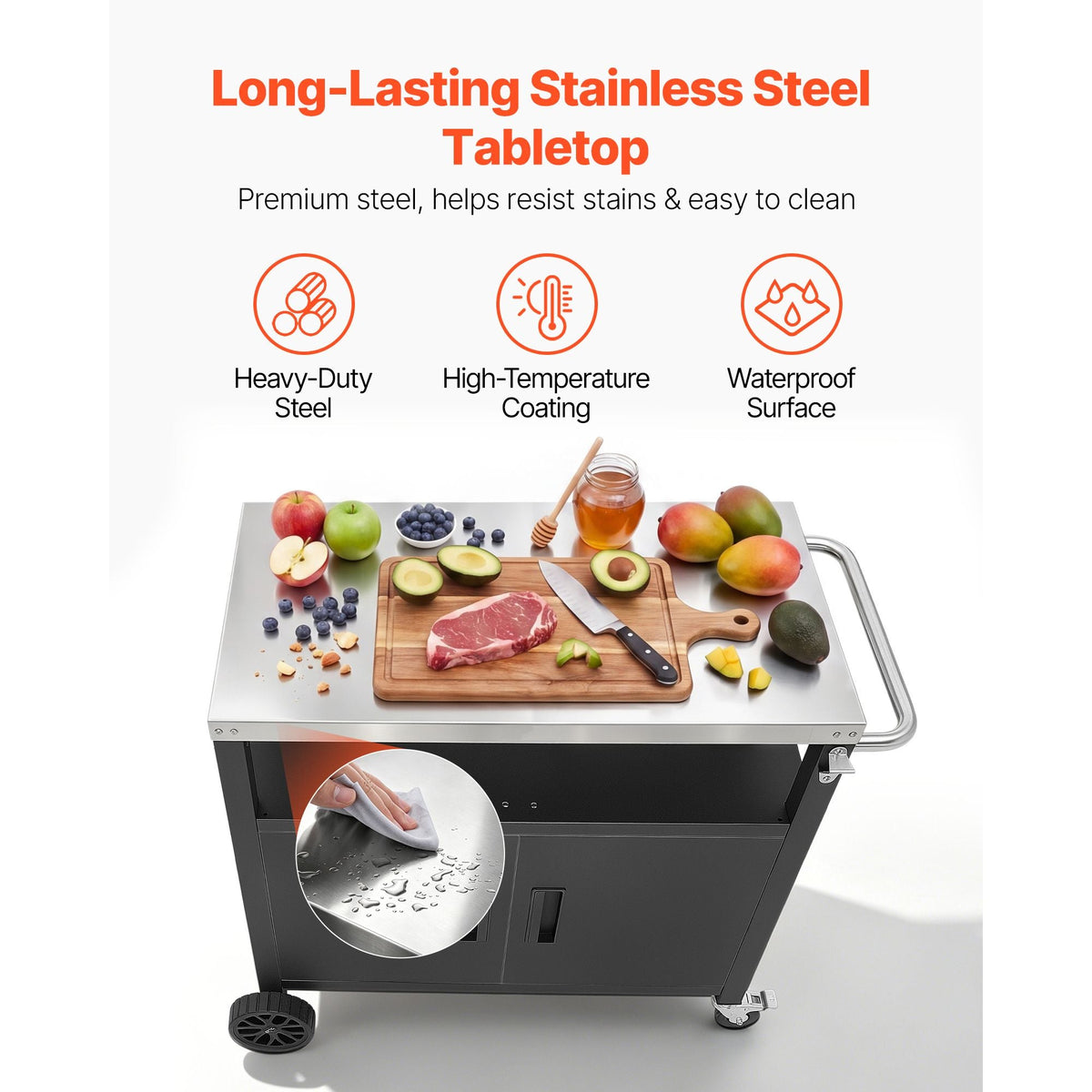 Outdoor Grill Cart with Storage Cabinet, 36.4 Inch Grill Table, Waterproof Kitchen Island with Stainless Steel Top, Shelf, and Wheels, Movable Food Prep Station for Patio Bar Backyard BBQ