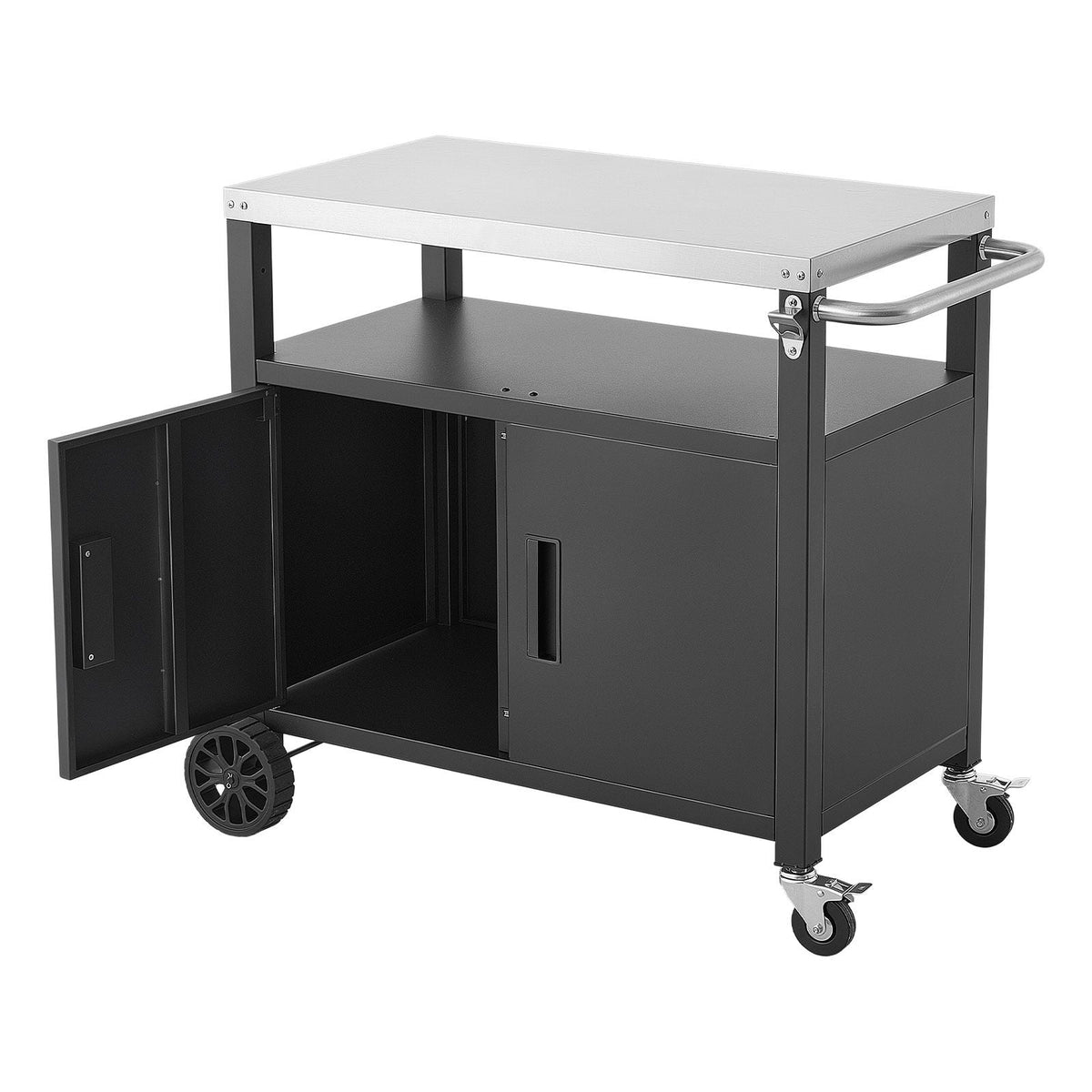 Outdoor Grill Cart with Storage Cabinet, 36.4 Inch Grill Table, Waterproof Kitchen Island with Stainless Steel Top, Shelf, and Wheels, Movable Food Prep Station for Patio Bar Backyard BBQ