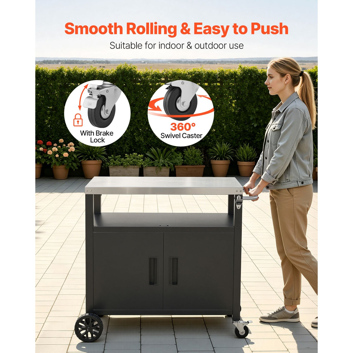 Outdoor Grill Cart with Storage Cabinet, 36.4 Inch Grill Table, Waterproof Kitchen Island with Stainless Steel Top, Shelf, and Wheels, Movable Food Prep Station for Patio Bar Backyard BBQ