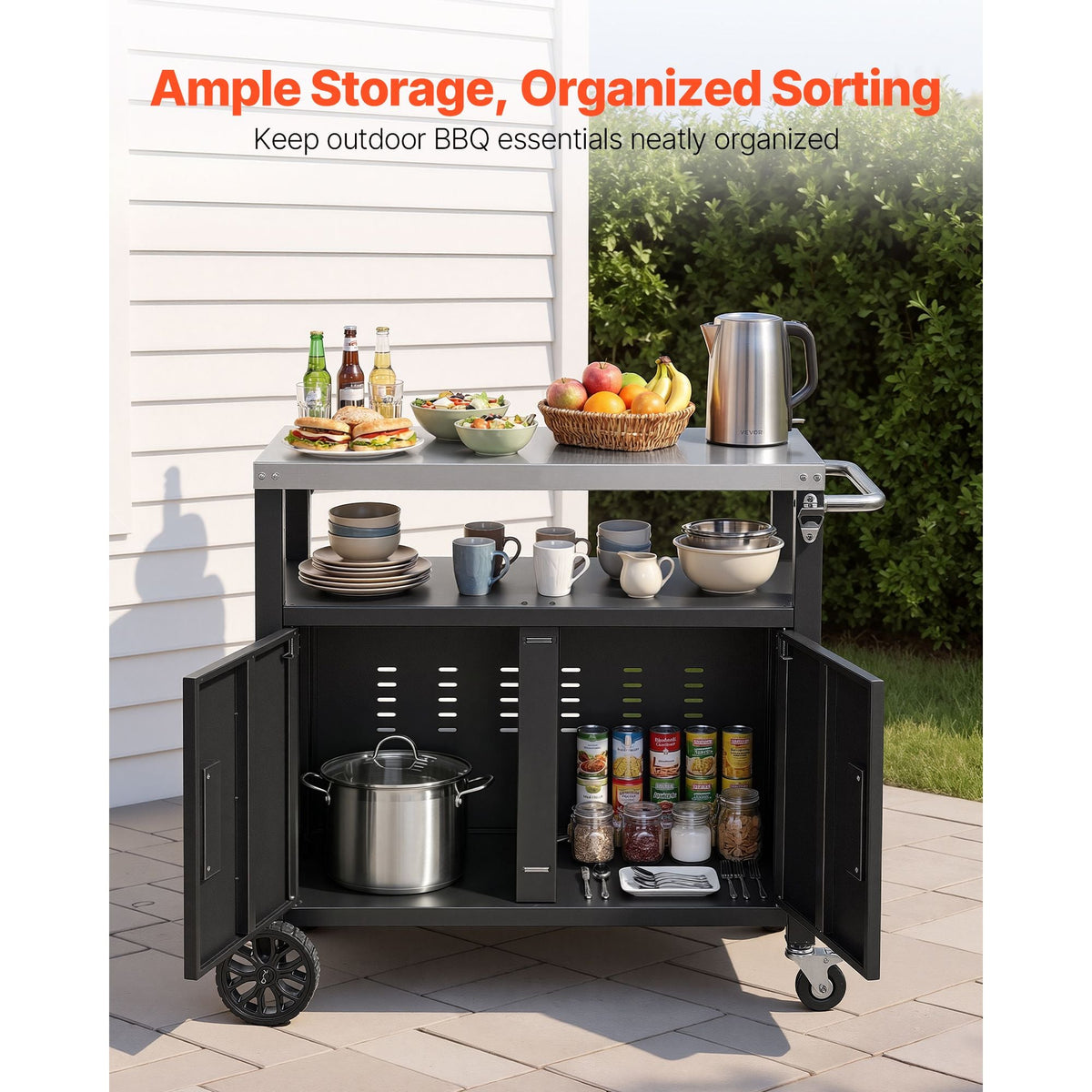 Outdoor Grill Cart with Storage Cabinet, 36.4 Inch Grill Table, Waterproof Kitchen Island with Stainless Steel Top, Shelf, and Wheels, Movable Food Prep Station for Patio Bar Backyard BBQ