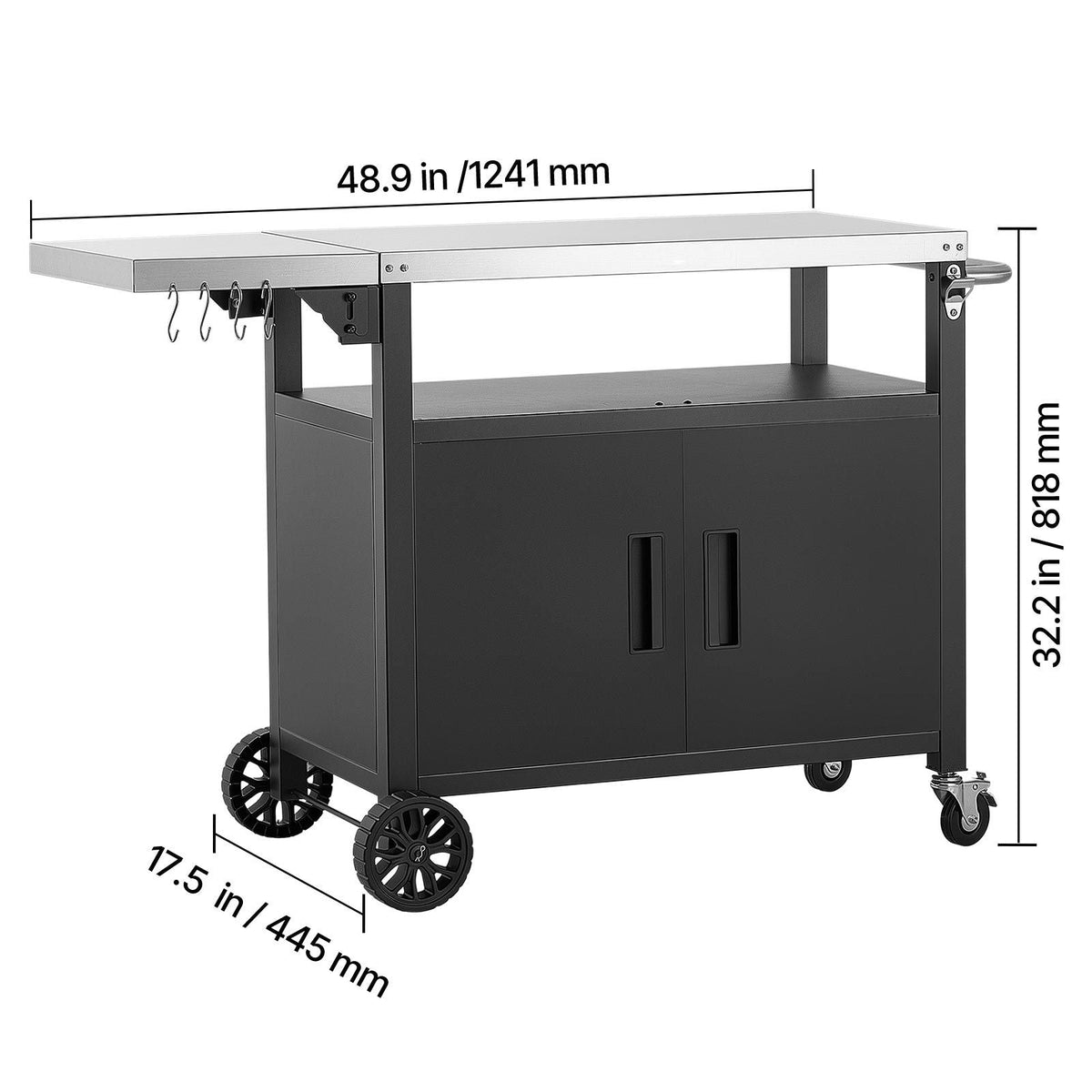 Outdoor Grill Cart with Storage Cabinet, 48.9 Inch Grill Table, Waterproof Kitchen Island with Stainless Steel Top, Shelf, and Wheels, Movable Food Prep Station for Patio Bar Backyard BBQ